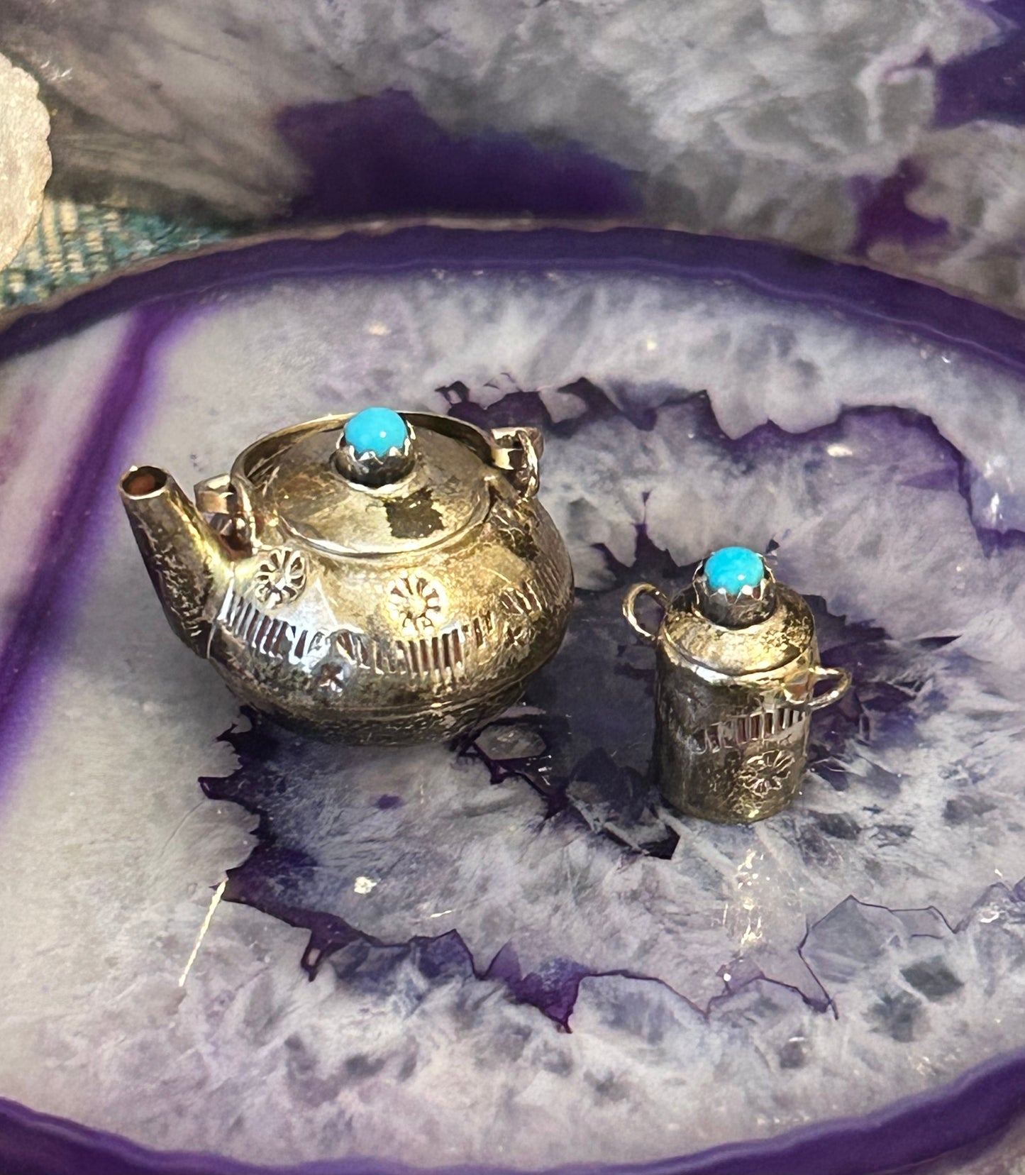 Vintage Sterling Silver Native American Collectable Tiny Teapot Set w/ Turquoise