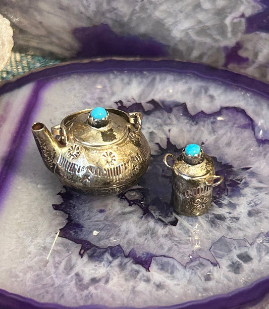 Vintage Sterling Silver Native American Collectable Tiny Teapot Set w/ Turquoise