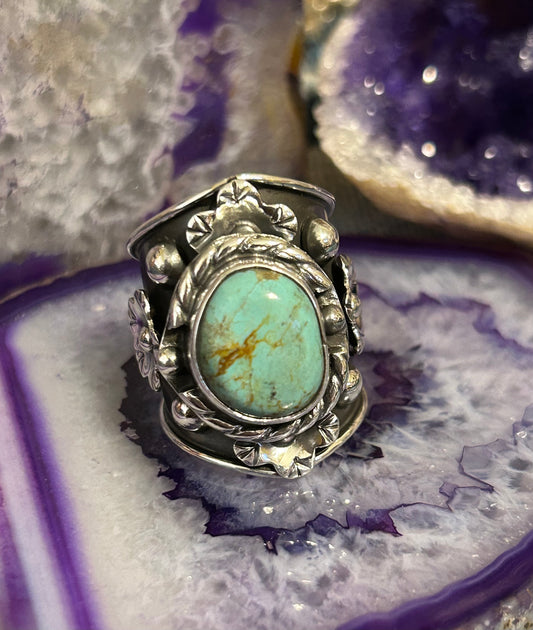 Sterling Silver Taxco Mexico Statement Turquoise & Flower Wide Ring Sz 9.5-10.5