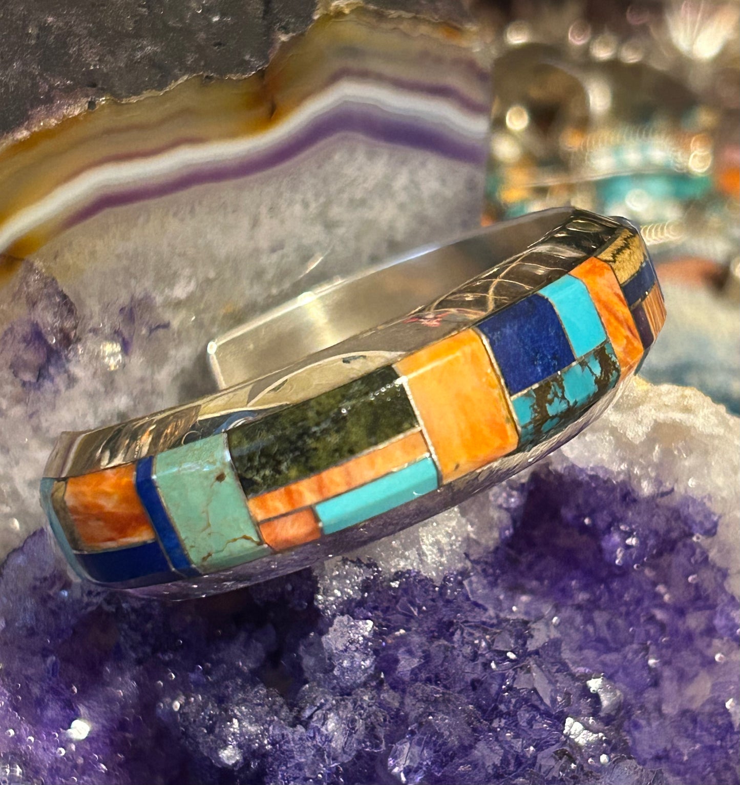 Native American Sterling Silver Multi Stone Inlay Cuff Bracelet Signed “C”