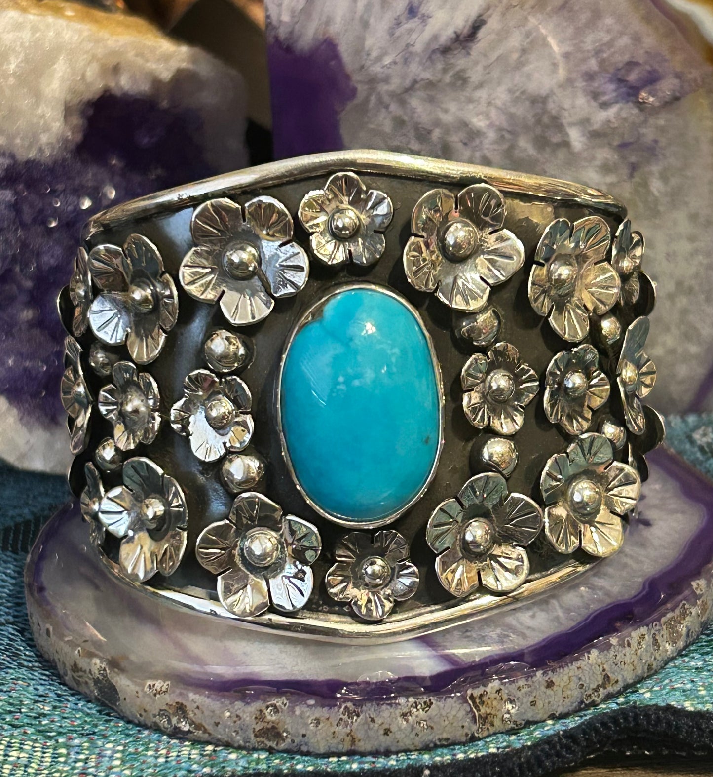 Sterling Silver Taxco Mexico Large Statement Flower Cuff W/ Natural Turquoise