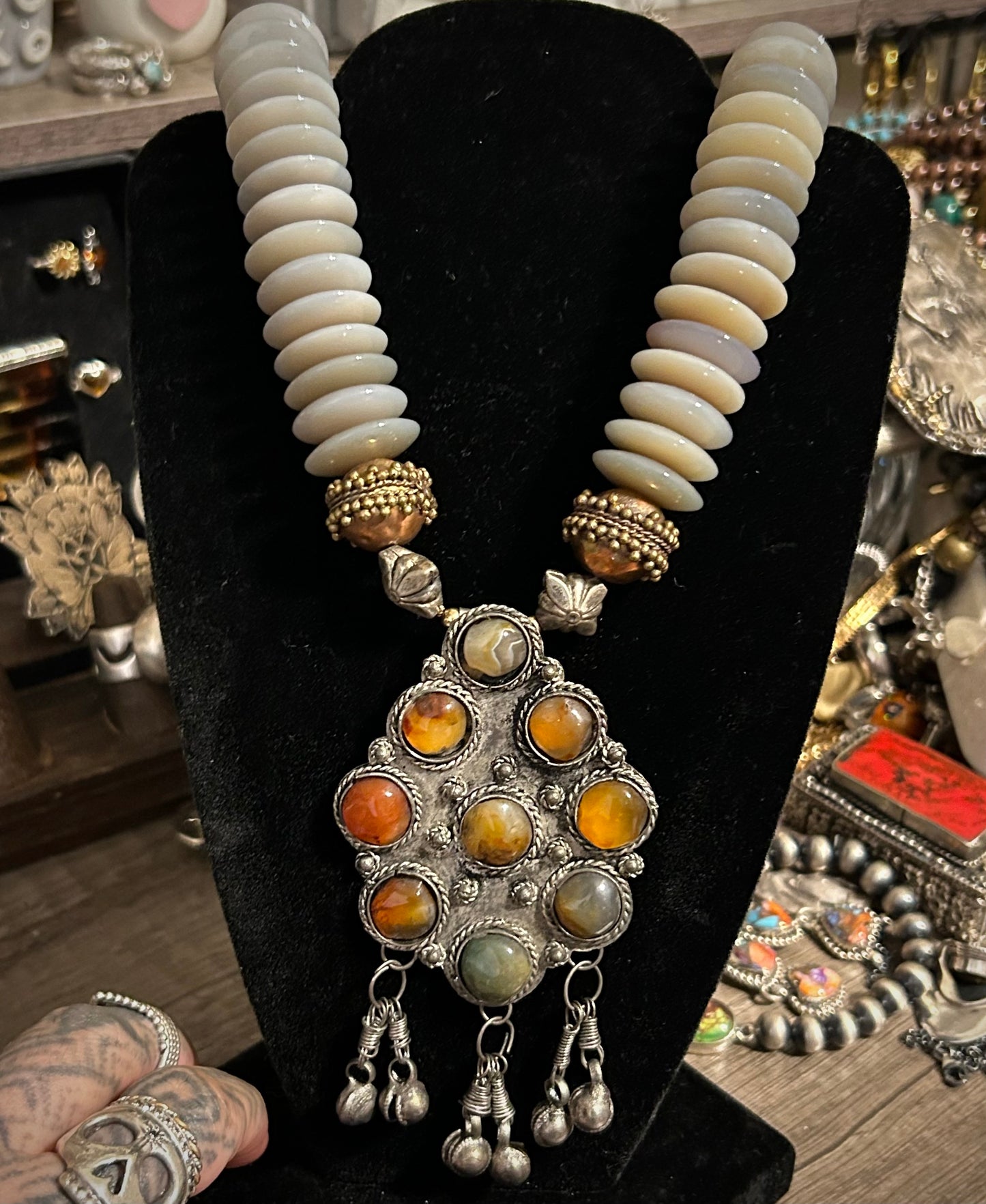 Vintage Rosemary G Ro-Do Beaded Necklace W/ Multi Stone Pendant