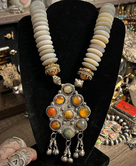 Vintage Rosemary G Ro-Do Beaded Necklace W/ Multi Stone Pendant