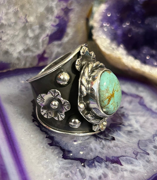 Sterling Silver Taxco Mexico Statement Turquoise & Flower Wide Ring Sz 9.5-10.5