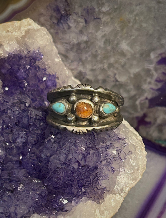 Vintage Sterling Silver Handmade Turquoise And Coral Chunky Band Ring Size 9