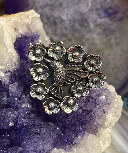 Taxco Mexico 950 Silver Hummingbird And Flowers Adjustable Ring