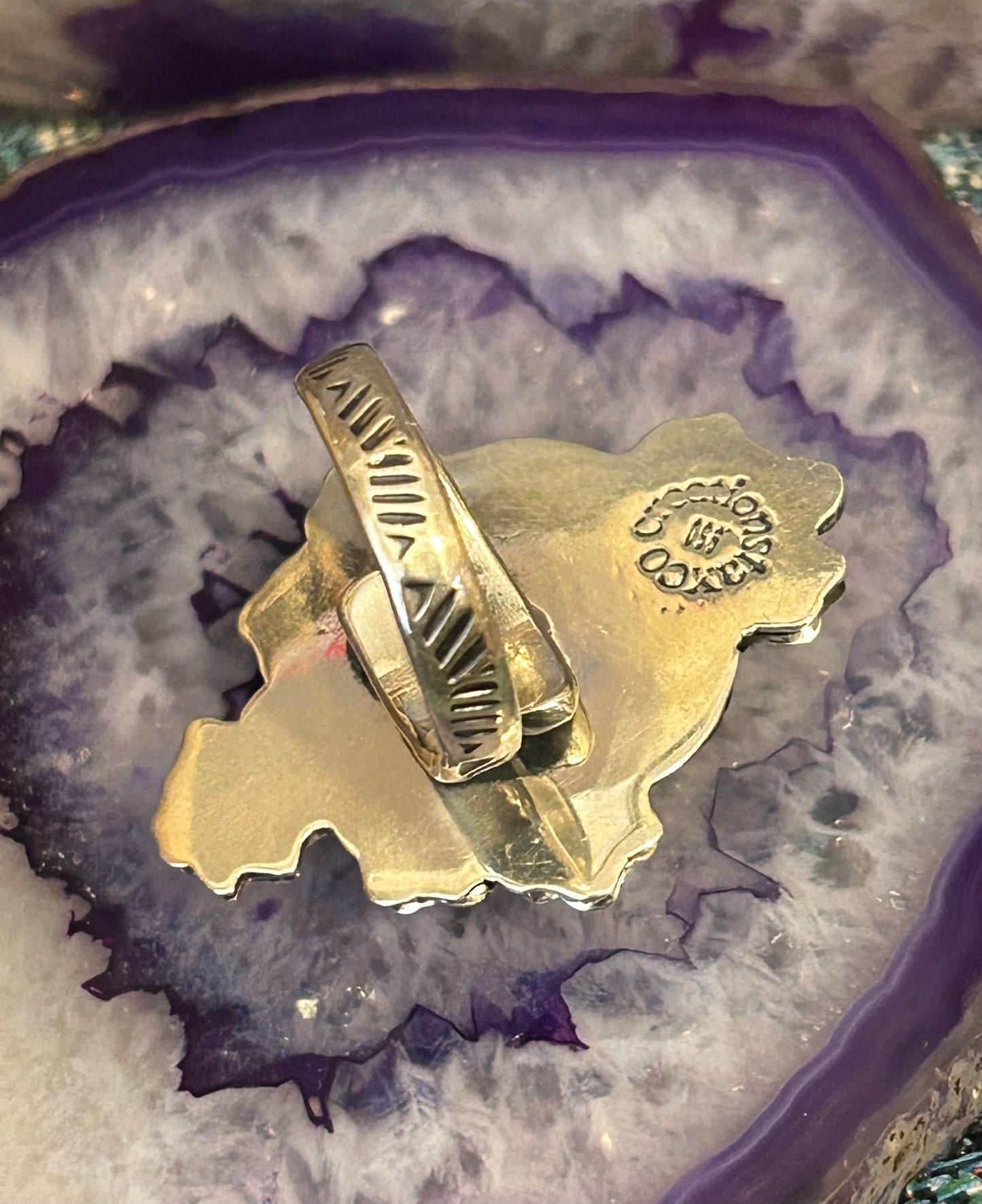 Sterling Silver Modern Taxco Mexico Purple Zircon Heart & Flowers Adjustable Ring
