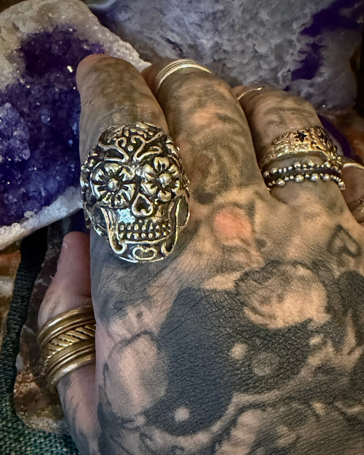Sterling Silver Modern Taxco Mexico Chunky Statement 3D Sugar Skull Ring