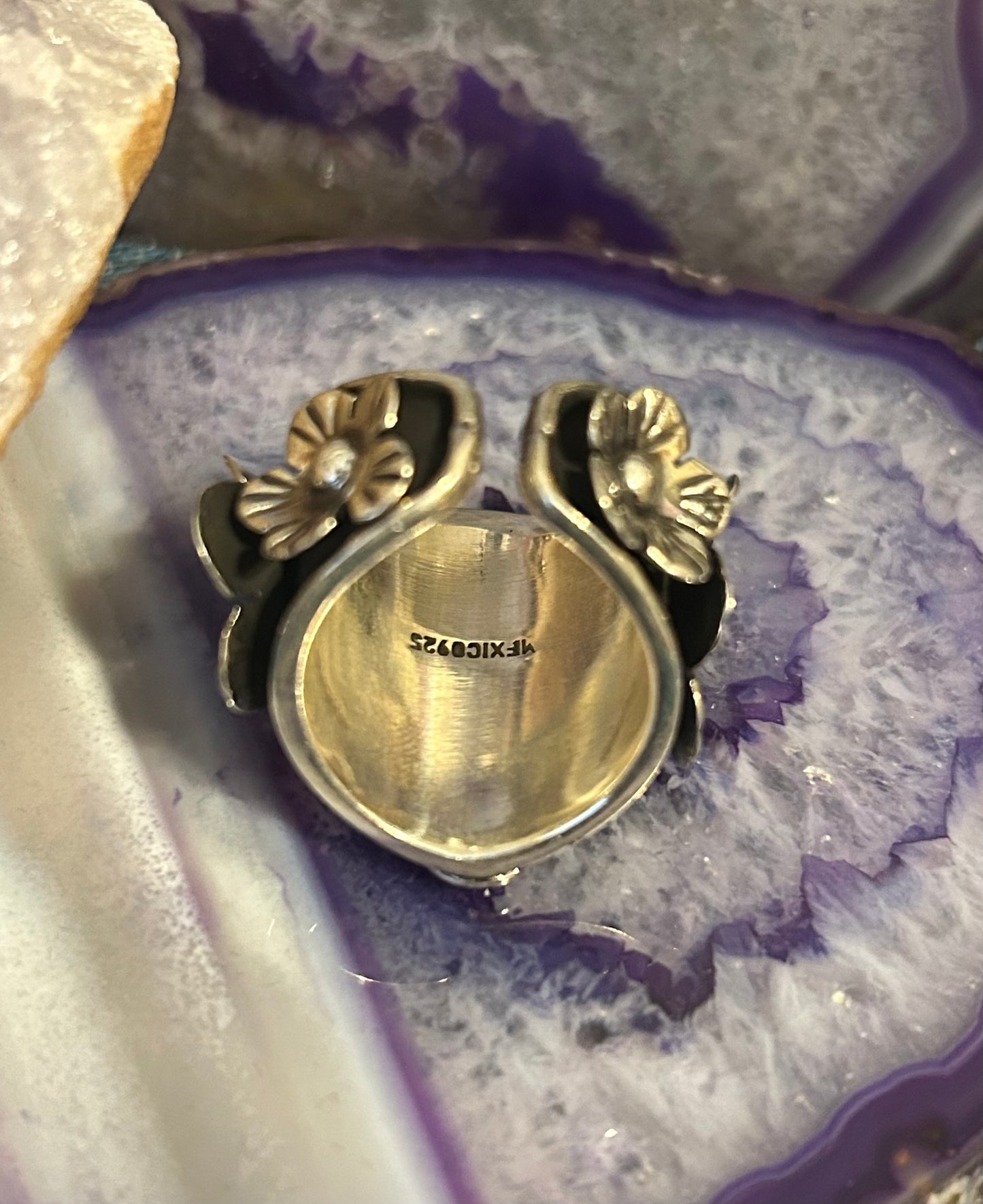 Sterling Silver Taxco Mexico Heart And Flower Wide Band Ring Size 6.75-8
