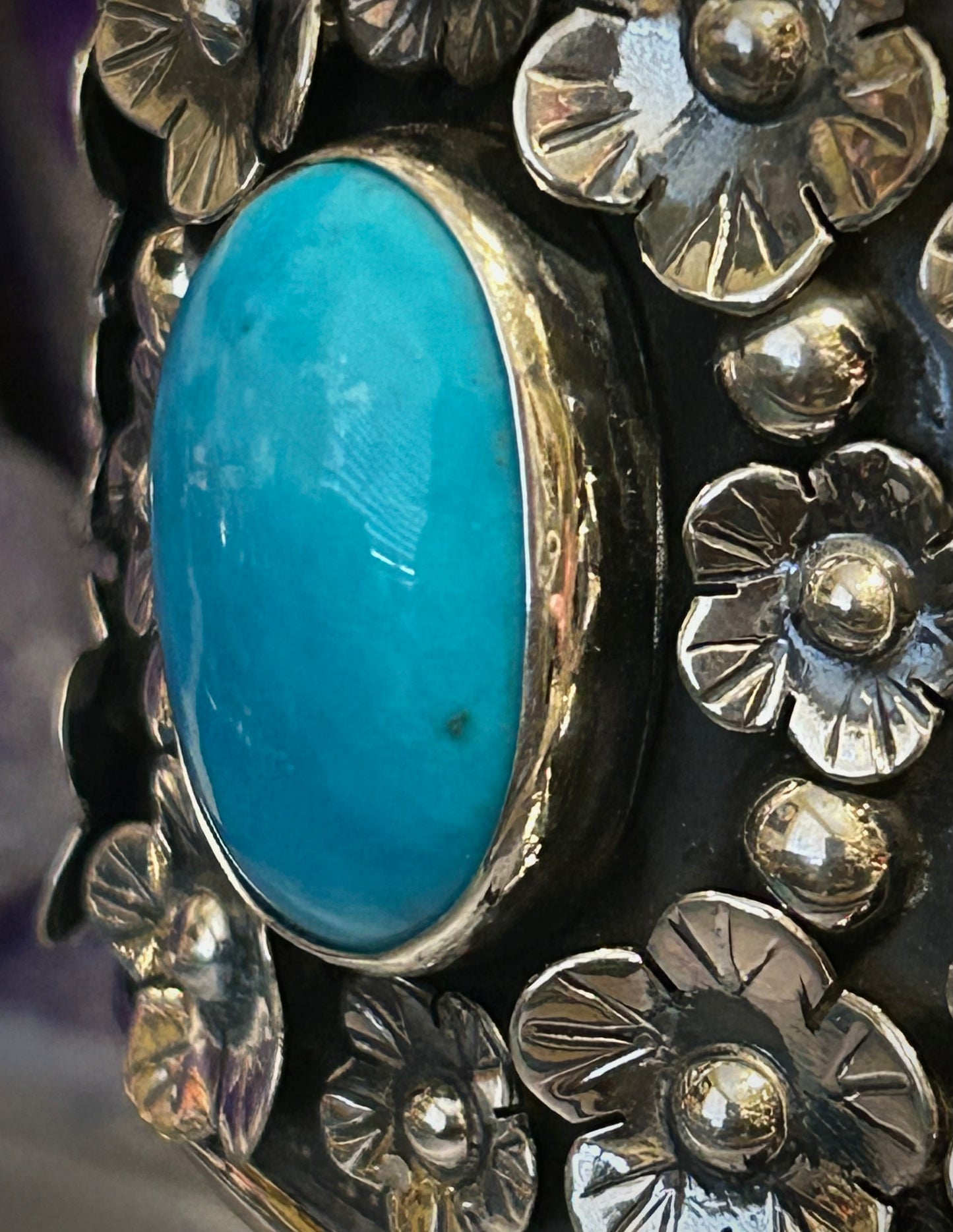 Sterling Silver Taxco Mexico Large Statement Flower Cuff W/ Natural Turquoise