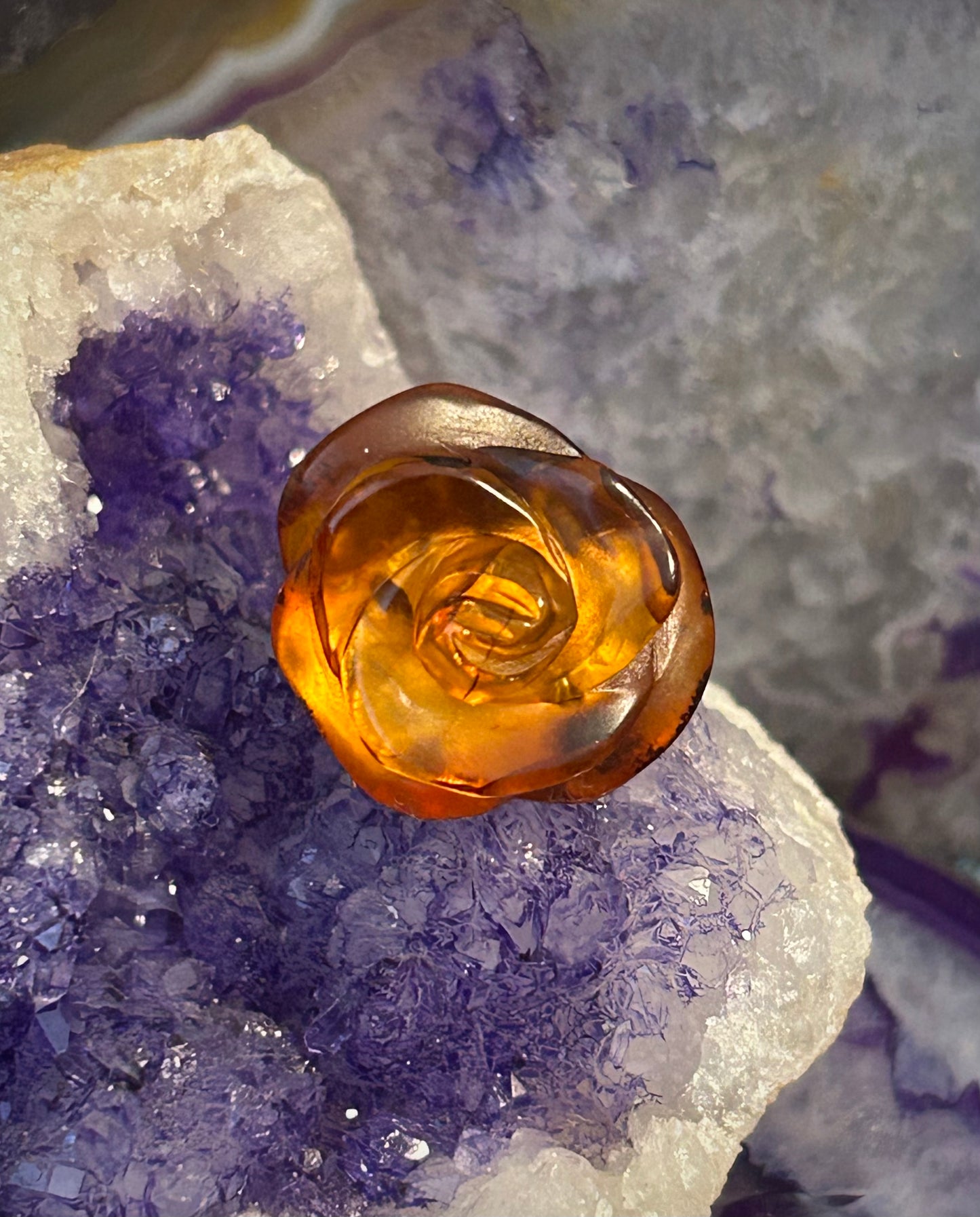 Sterling Silver Baltic Cognac Amber Carved Rose Adjustable Ring