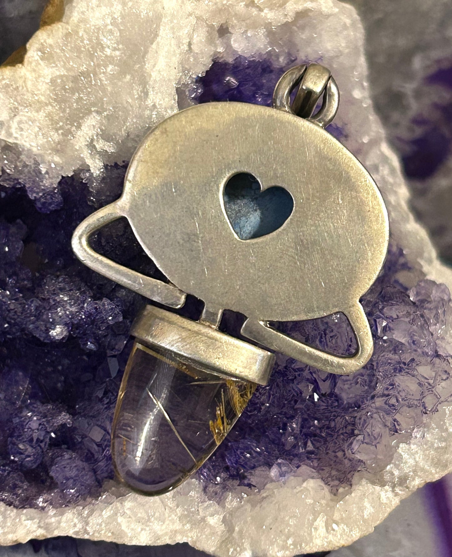 Vintage Sterling Silver Larimar, Rutilated Quartz, & Jade Statement Pendant
