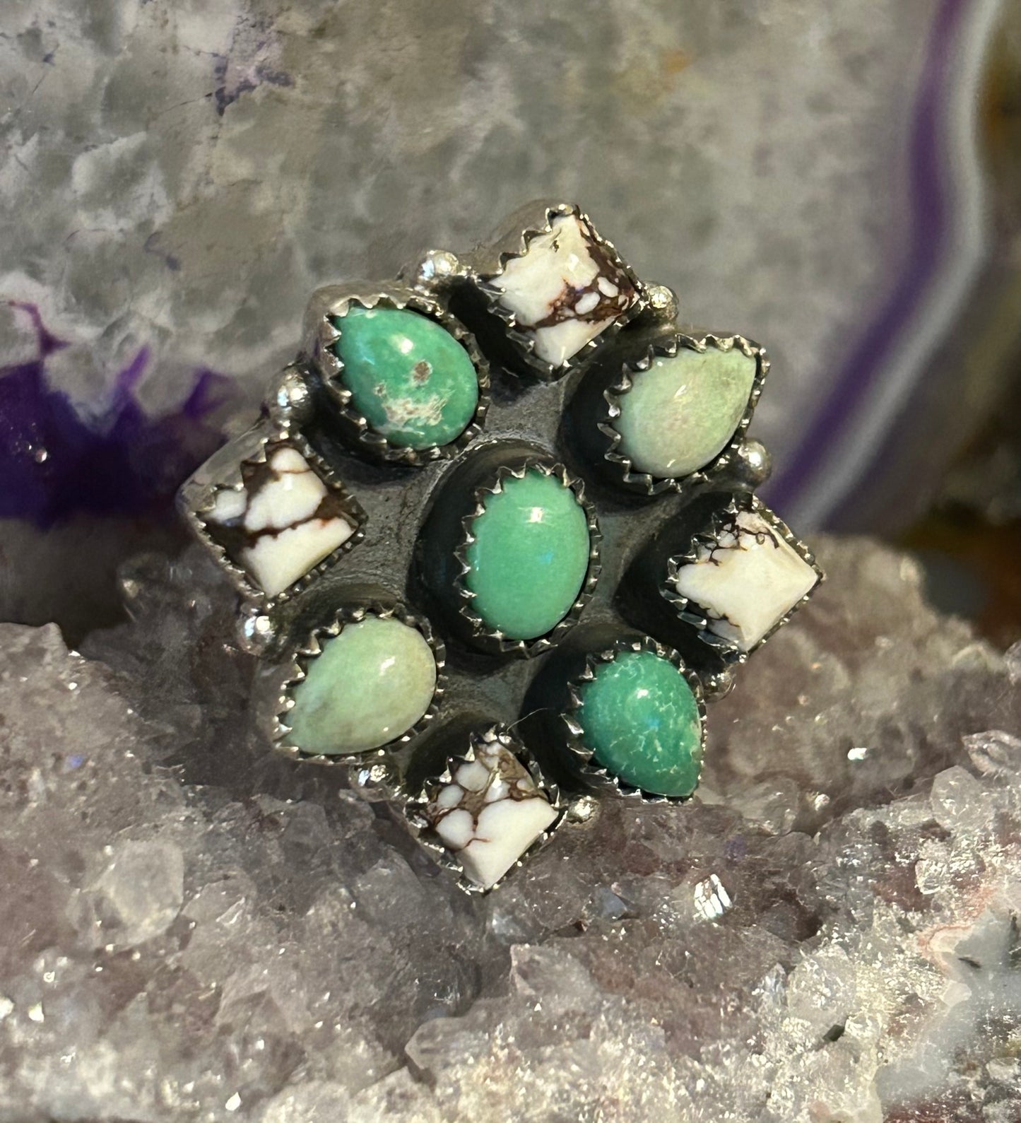 Sterling Silver Southwestern Turquoise & White Buffalo Ring Adjustable