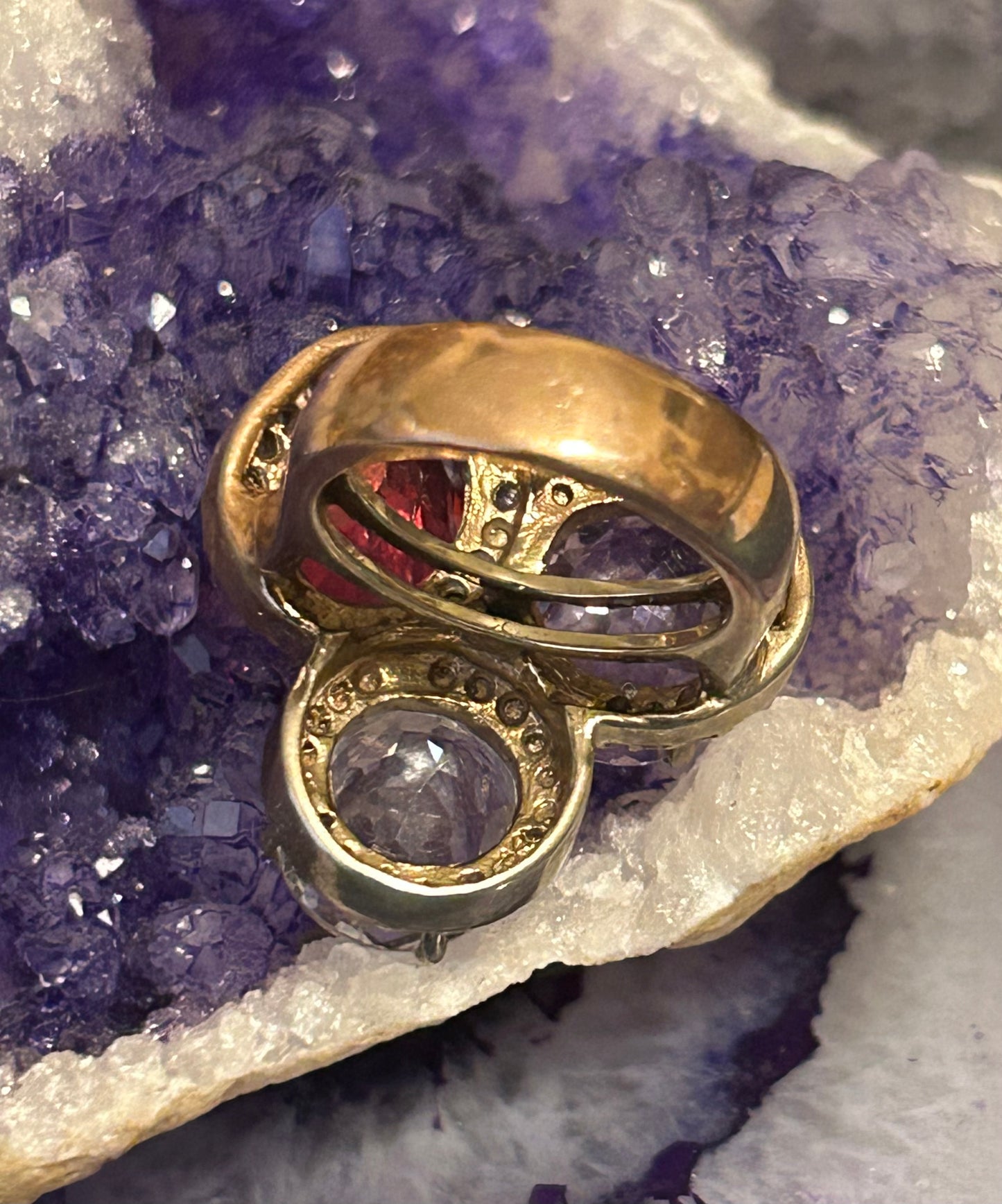 Sterling Silver w/ Gold Over & Genuine Ruby, Amethyst, White Topaz Ring Size 6