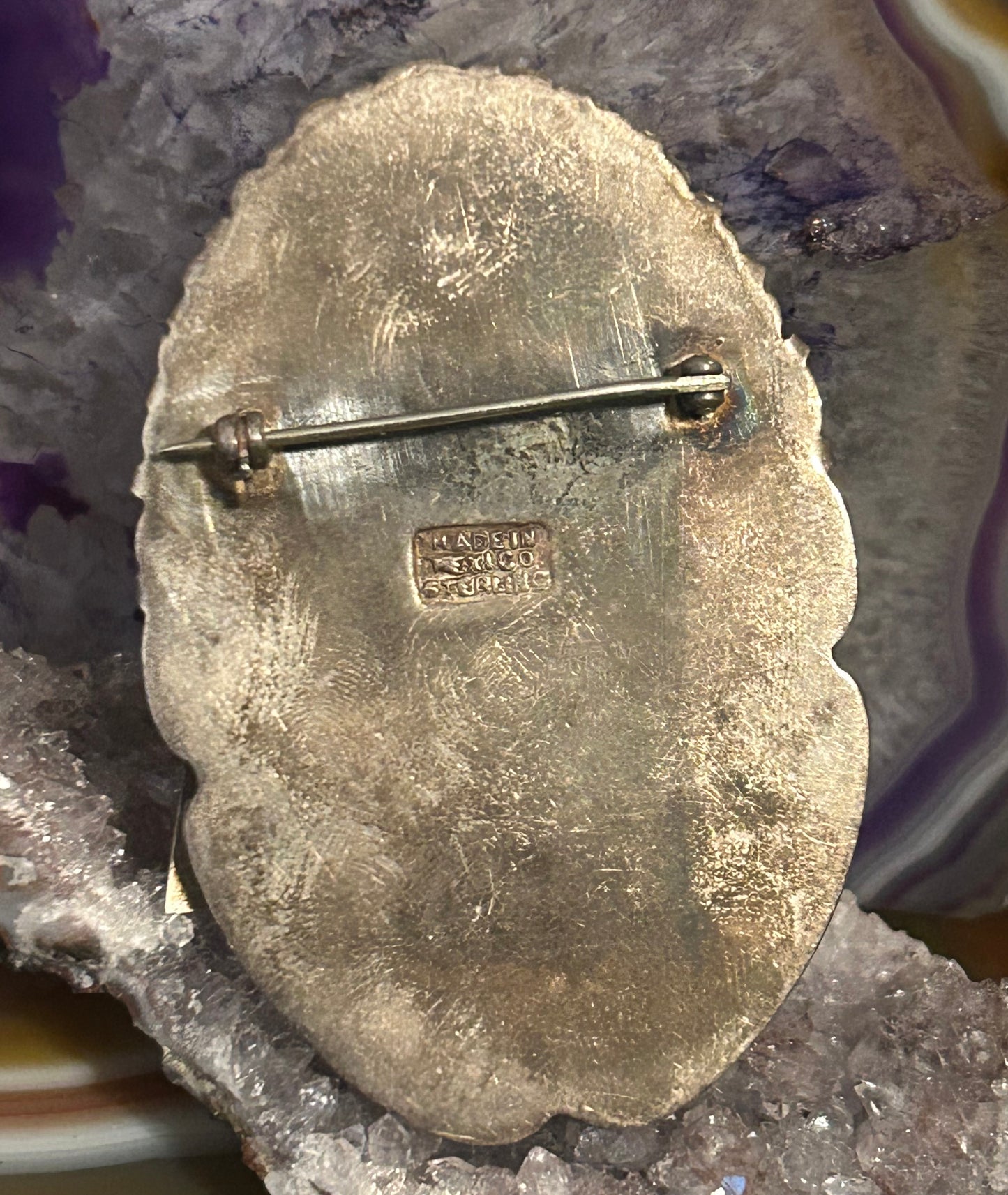 Vintage Mexico Sterling Silver & Carved Stone Warrior Mask Brooch / Pin