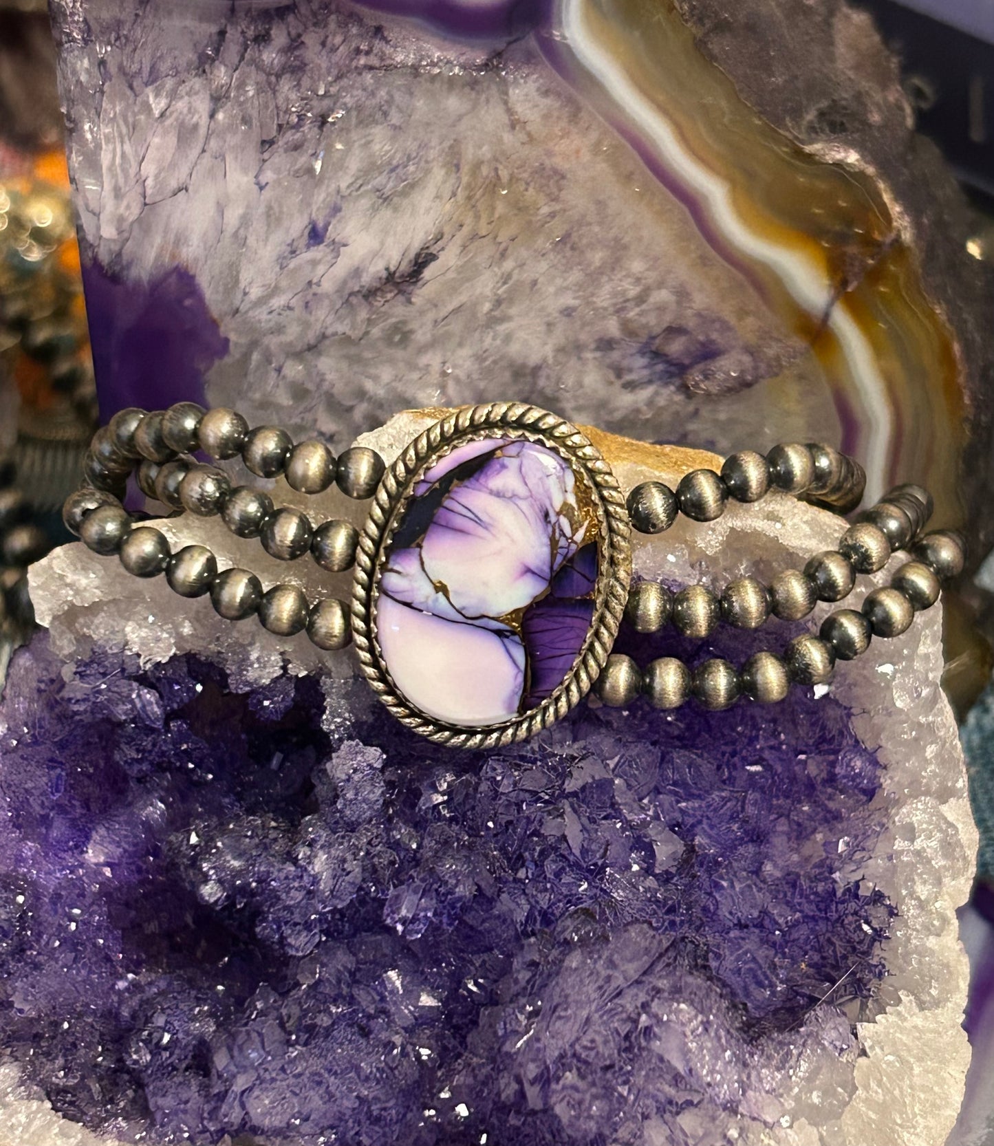 Sterling Silver Desert Pearl Ball Beads and Violet Dahlia Stretch Bracelet