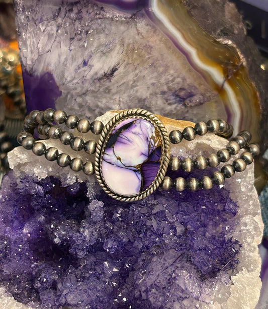 Sterling Silver Desert Pearl Ball Beads and Violet Dahlia Stretch Bracelet