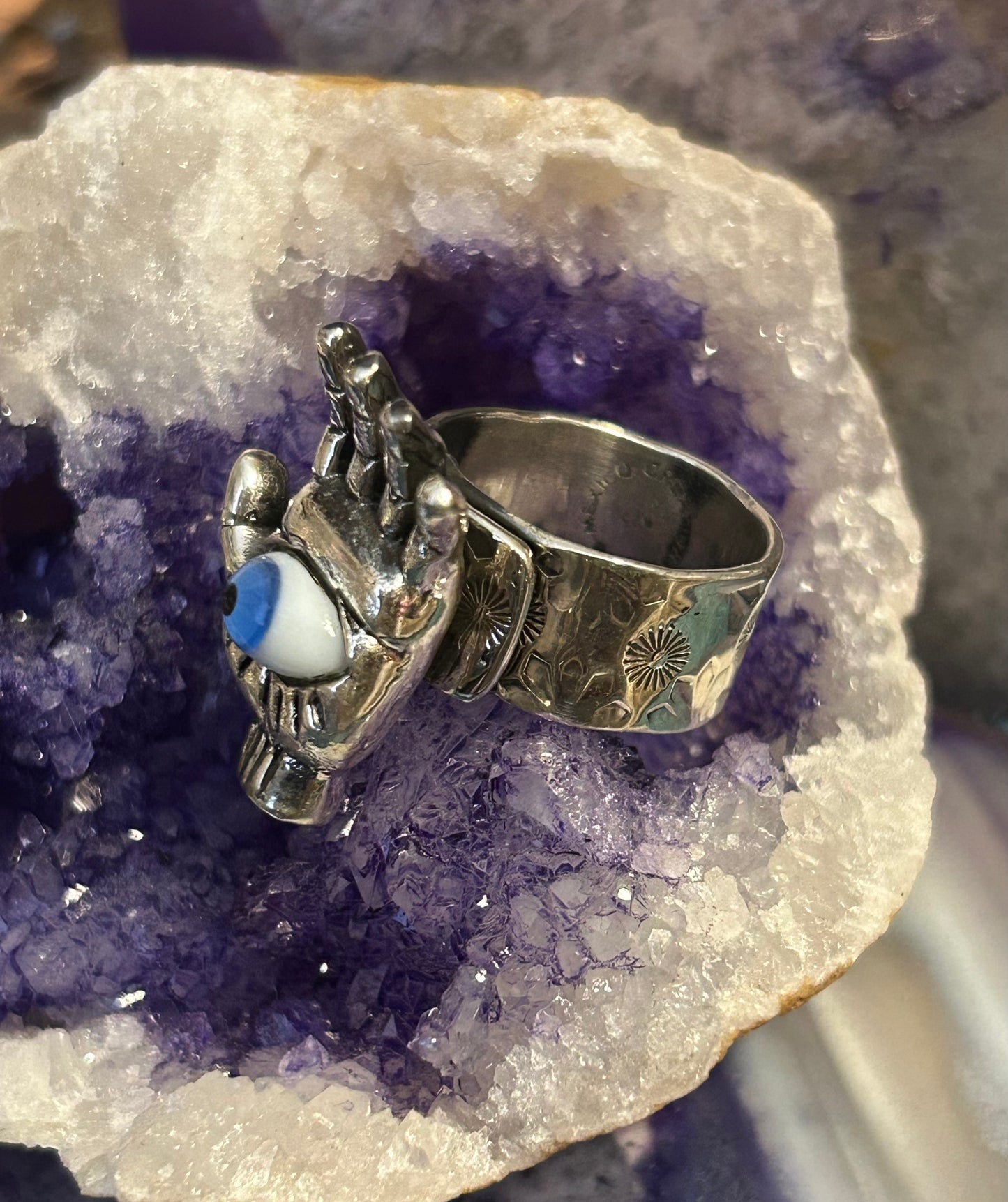 Sterling Silver Taxco Mexico Eye Hand of Protection Oddities Ring • Adjustable