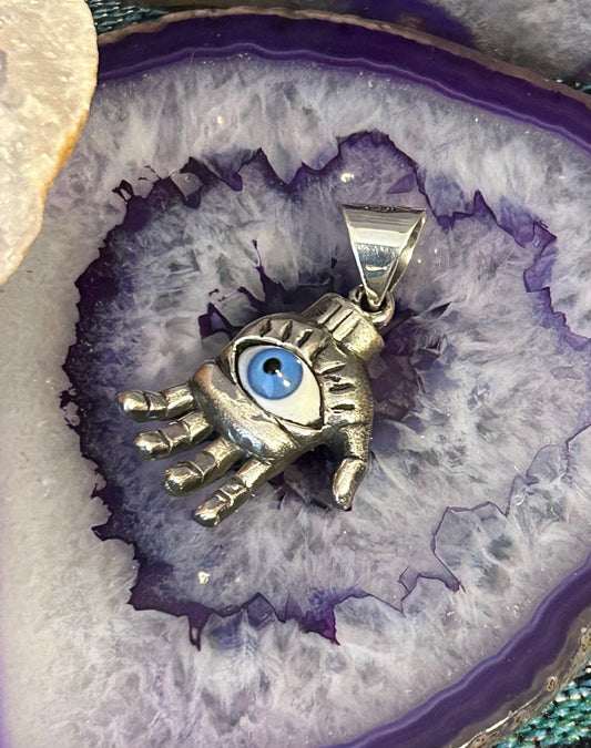 Sterling Silver Taxco Mexico All Seeing Eye Hand Of Protection Pendant