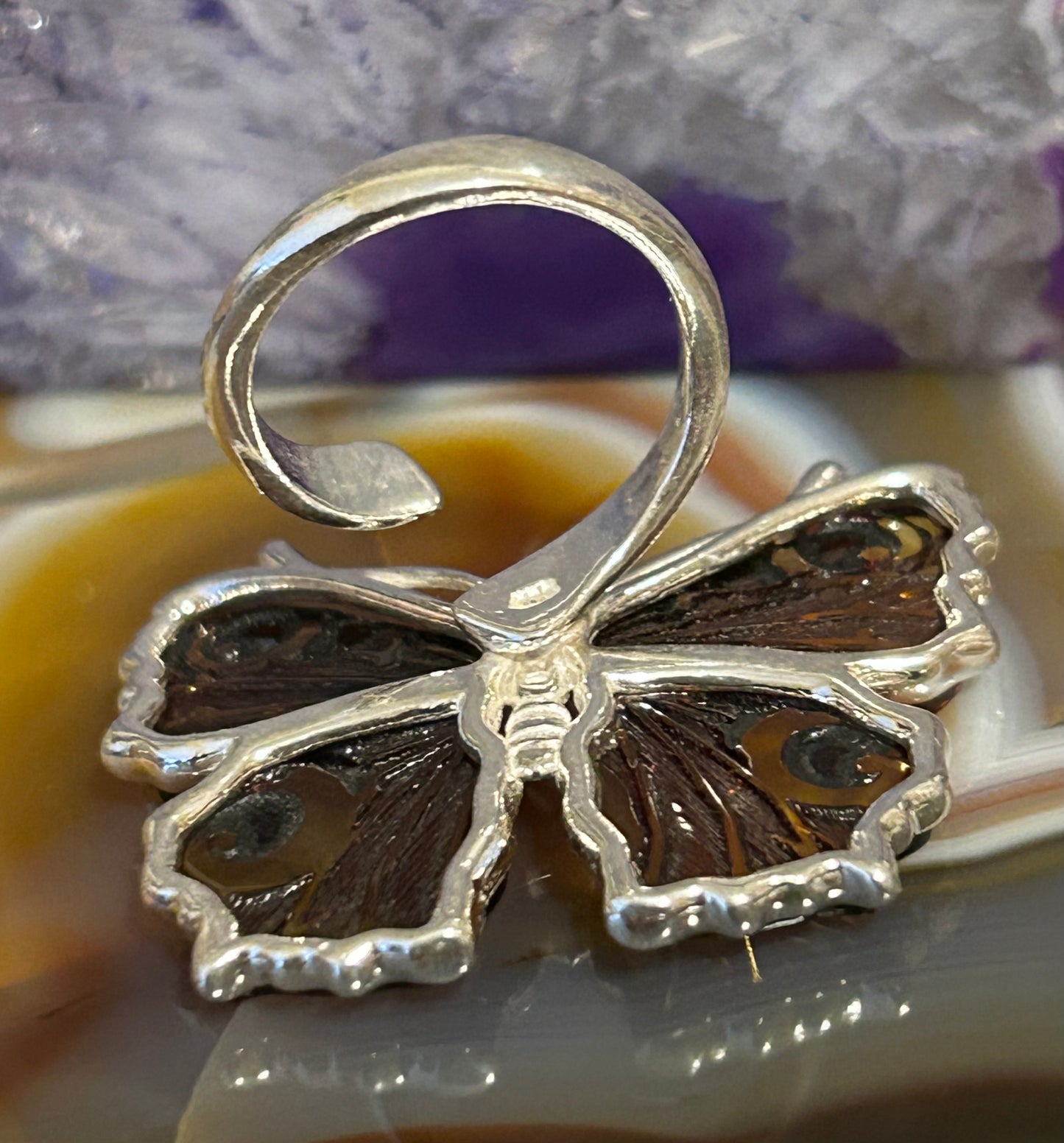 Sterling Silver & Baltic Amber Butterfly Ring Adjustable