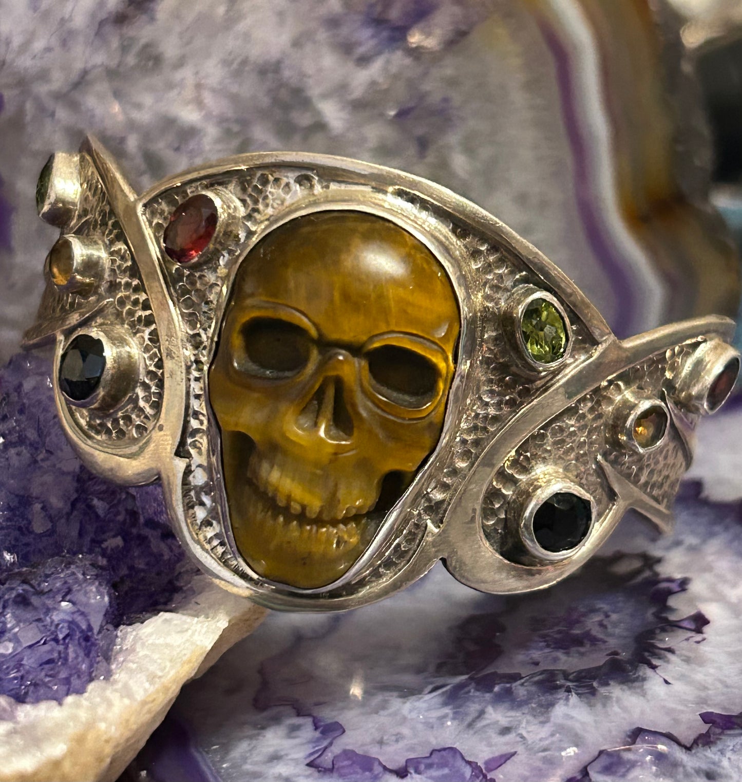 Sterling Silver, Tiger Eye, Multi-Stone Skull Cuff Bracelet
