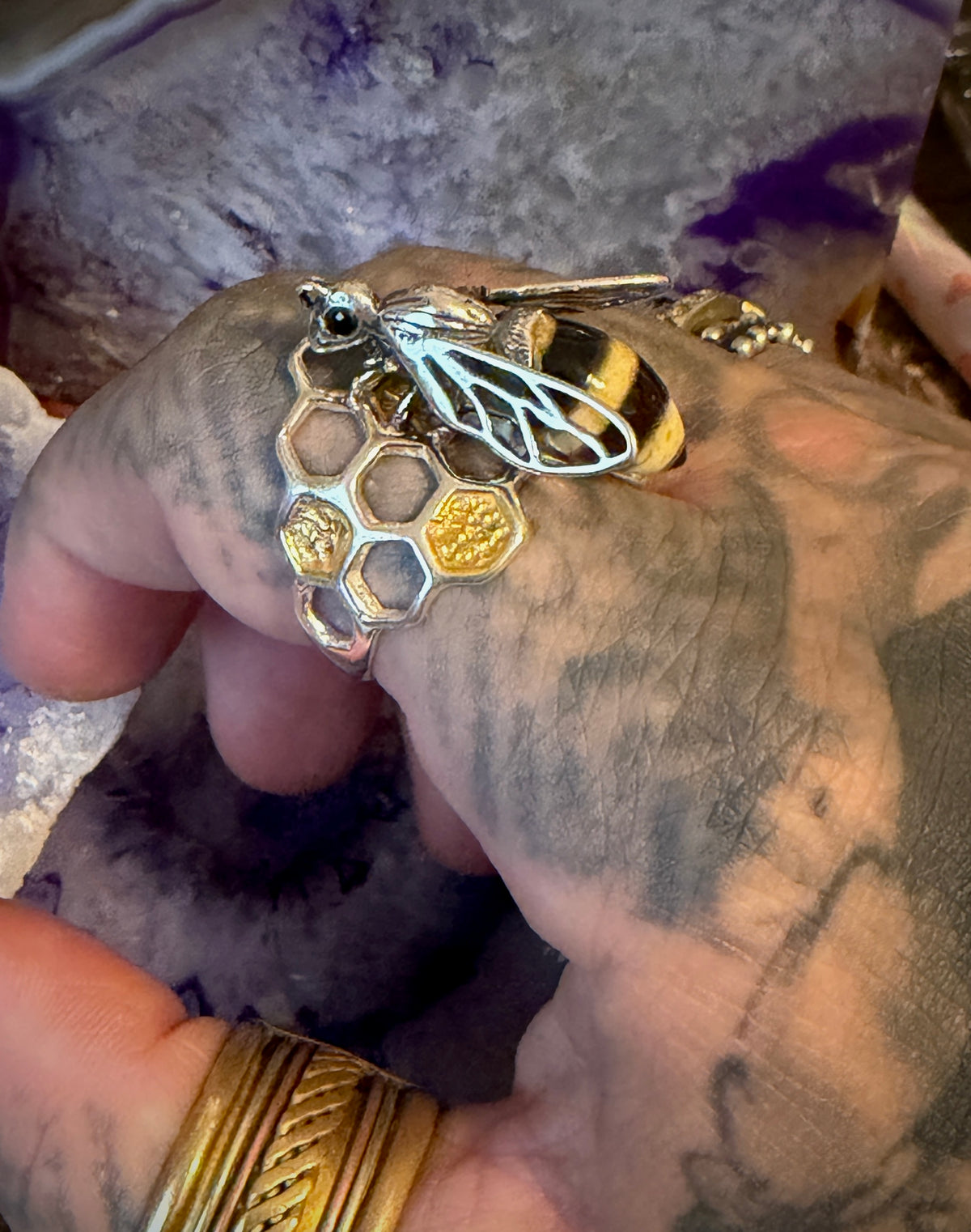 Sterling Silver & Genuine Amber Medium 3D Bee Adjustable Ring