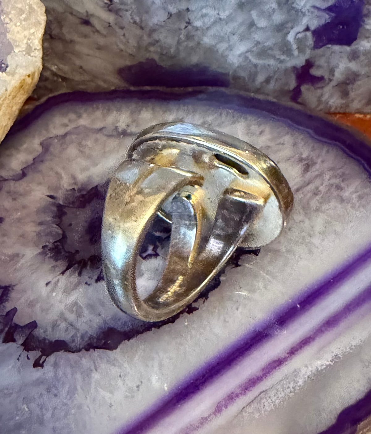 Vintage Sterling Silver Faceted Labradorite Chunky Statement Ring Adjustable