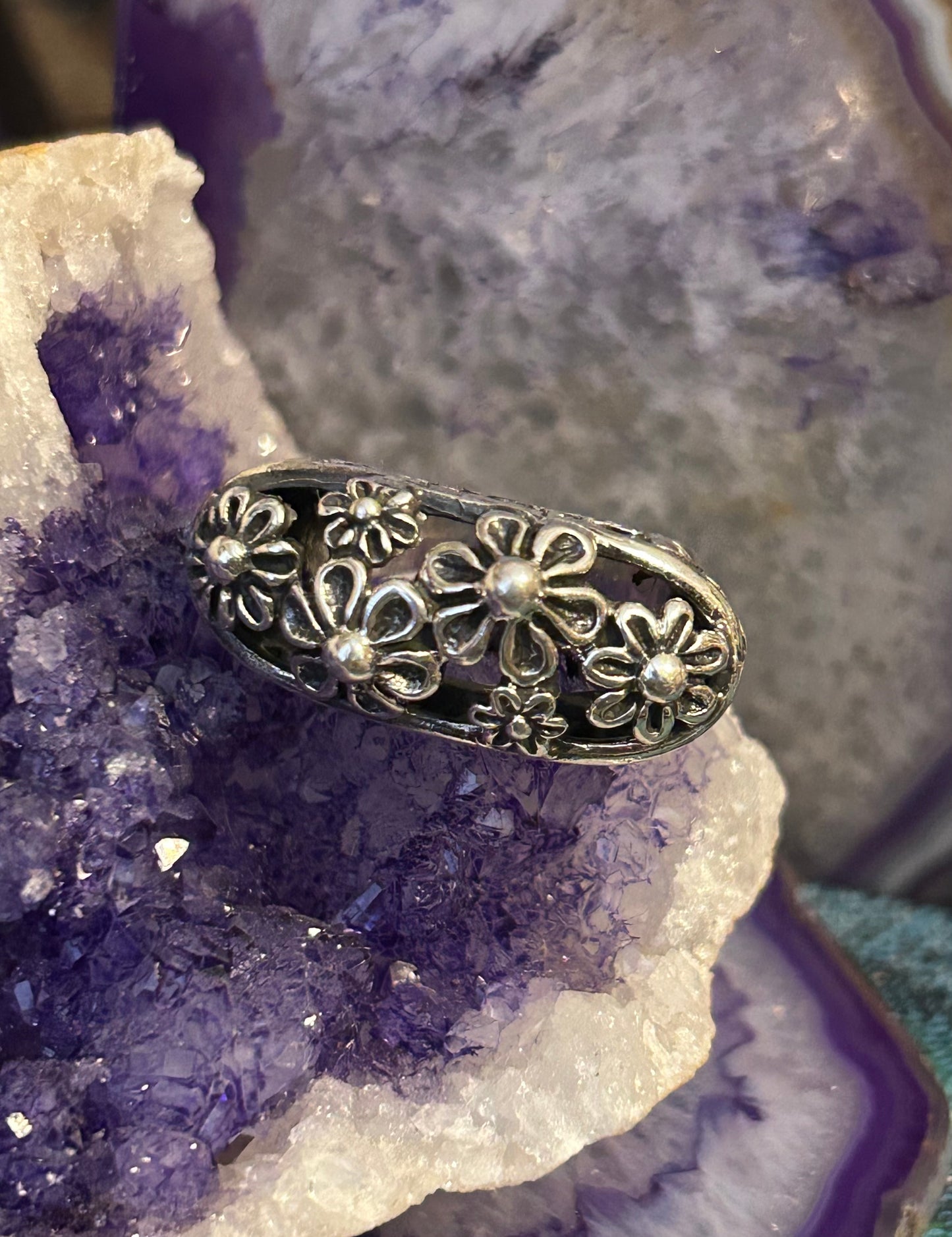 Sterling Silver Taxco Mexico Signet Style Flowers & Butterflies Ring • Size 9