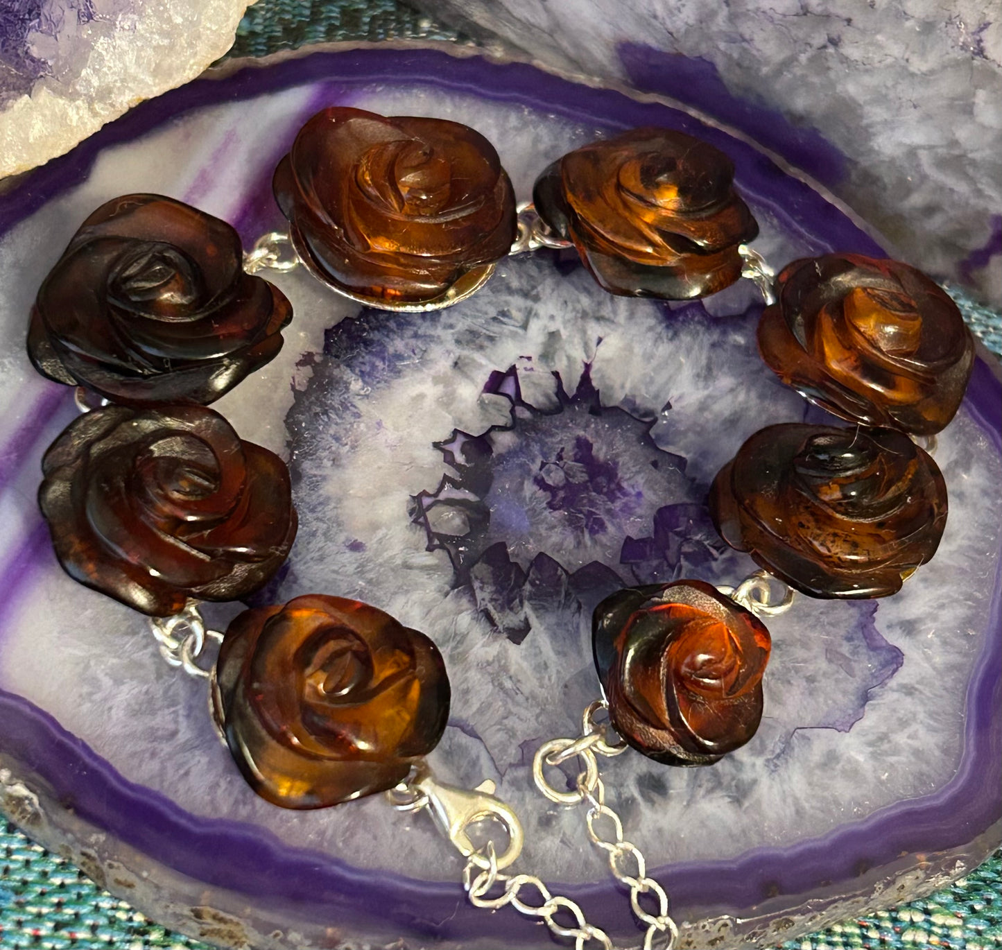Sterling Silver Baltic Cognac Amber Carved Rose Link Bracelet