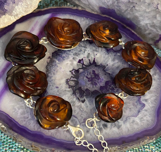 Sterling Silver Baltic Cognac Amber Carved Rose Link Bracelet