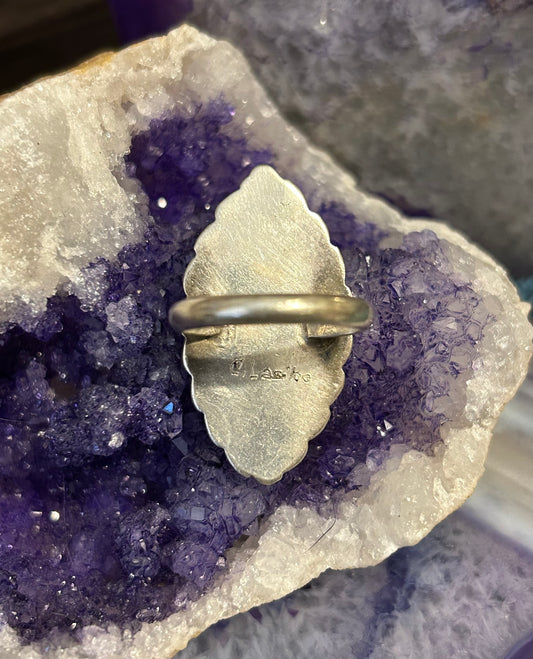 Vintage Native American Zuni Turquoise & Mother Of Pearl Inlay Flower Ring • Size 8.25