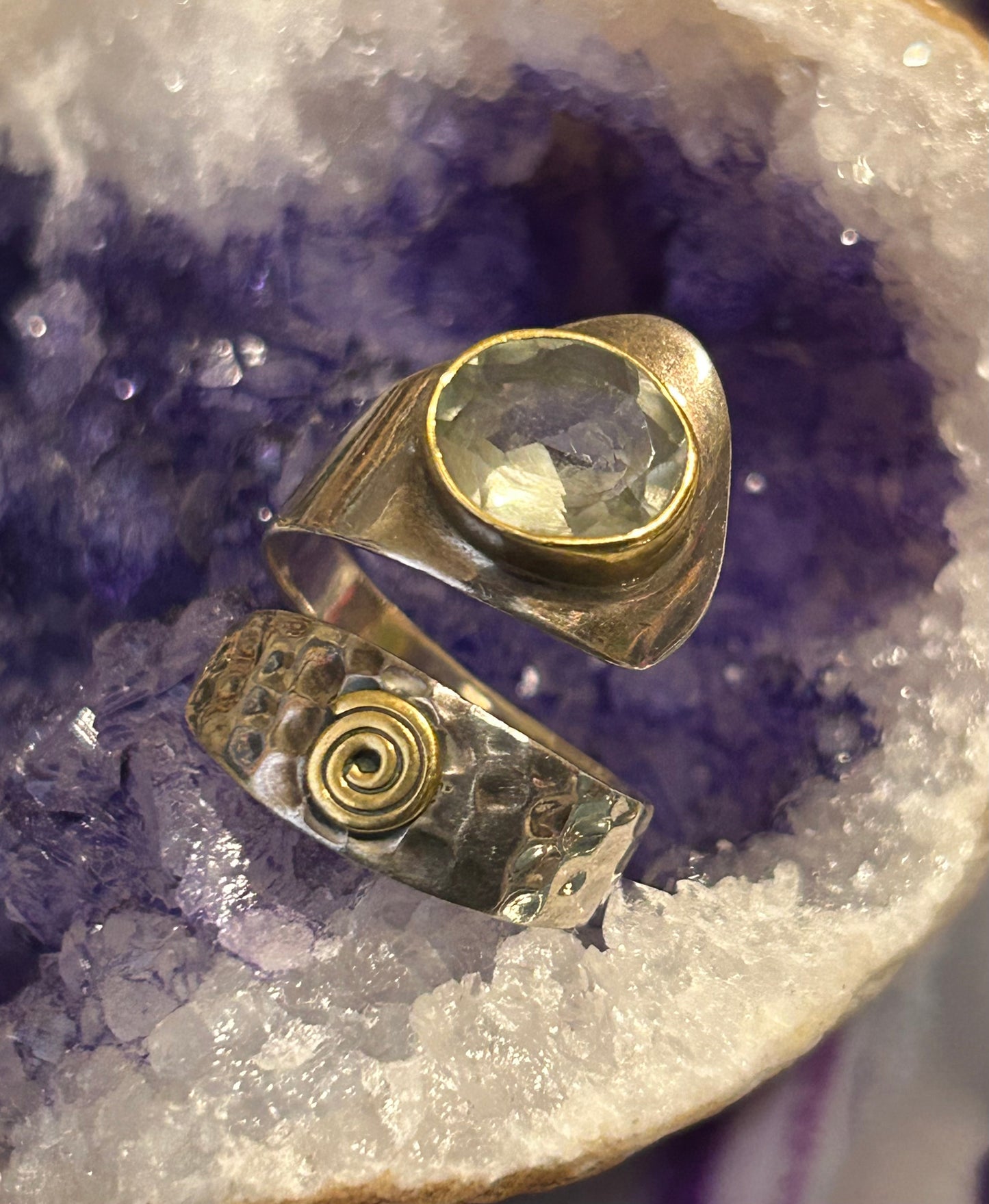Sterling Silver 2-tone Hammered Bypass Ring w/ Green Amethyst