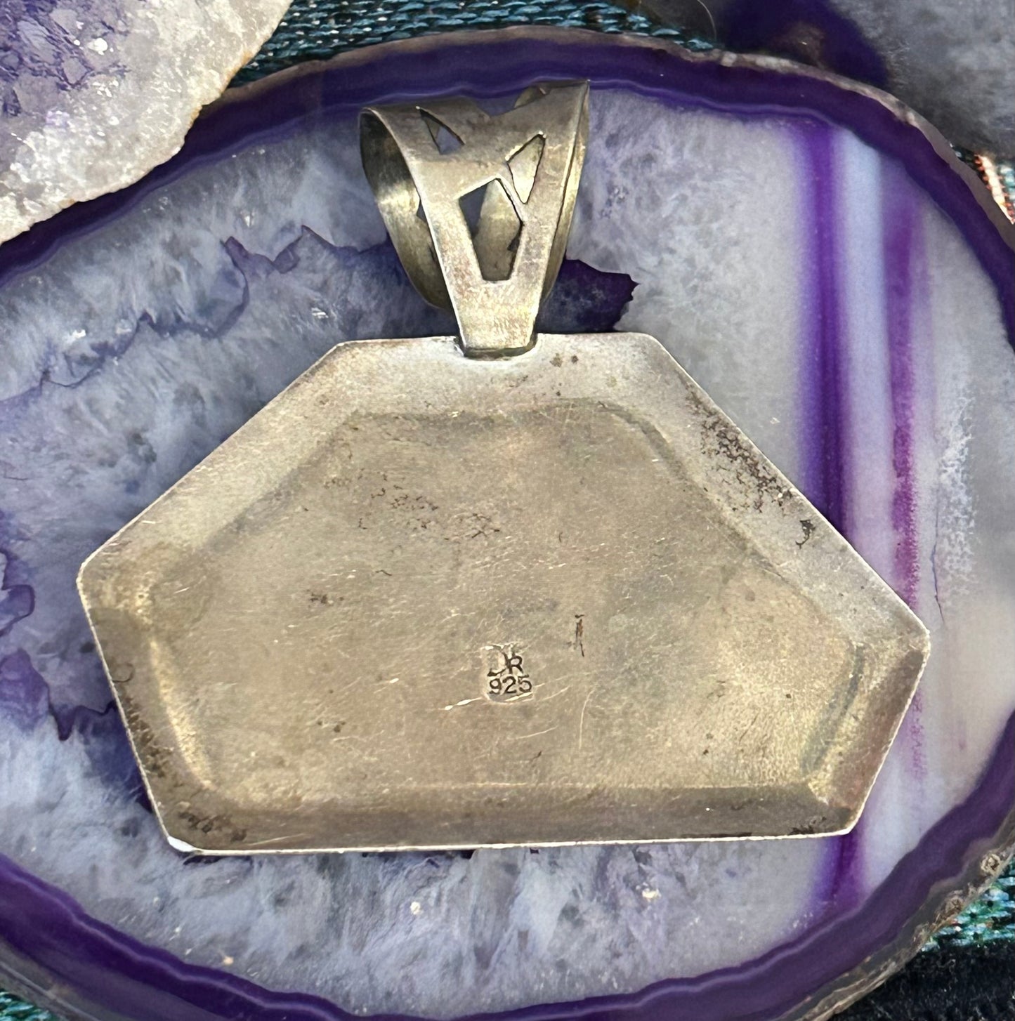 Vtg DTR 925 Sterling Silver Turquoise, Spiny, Coral Inlay Huge Statement Pendant
