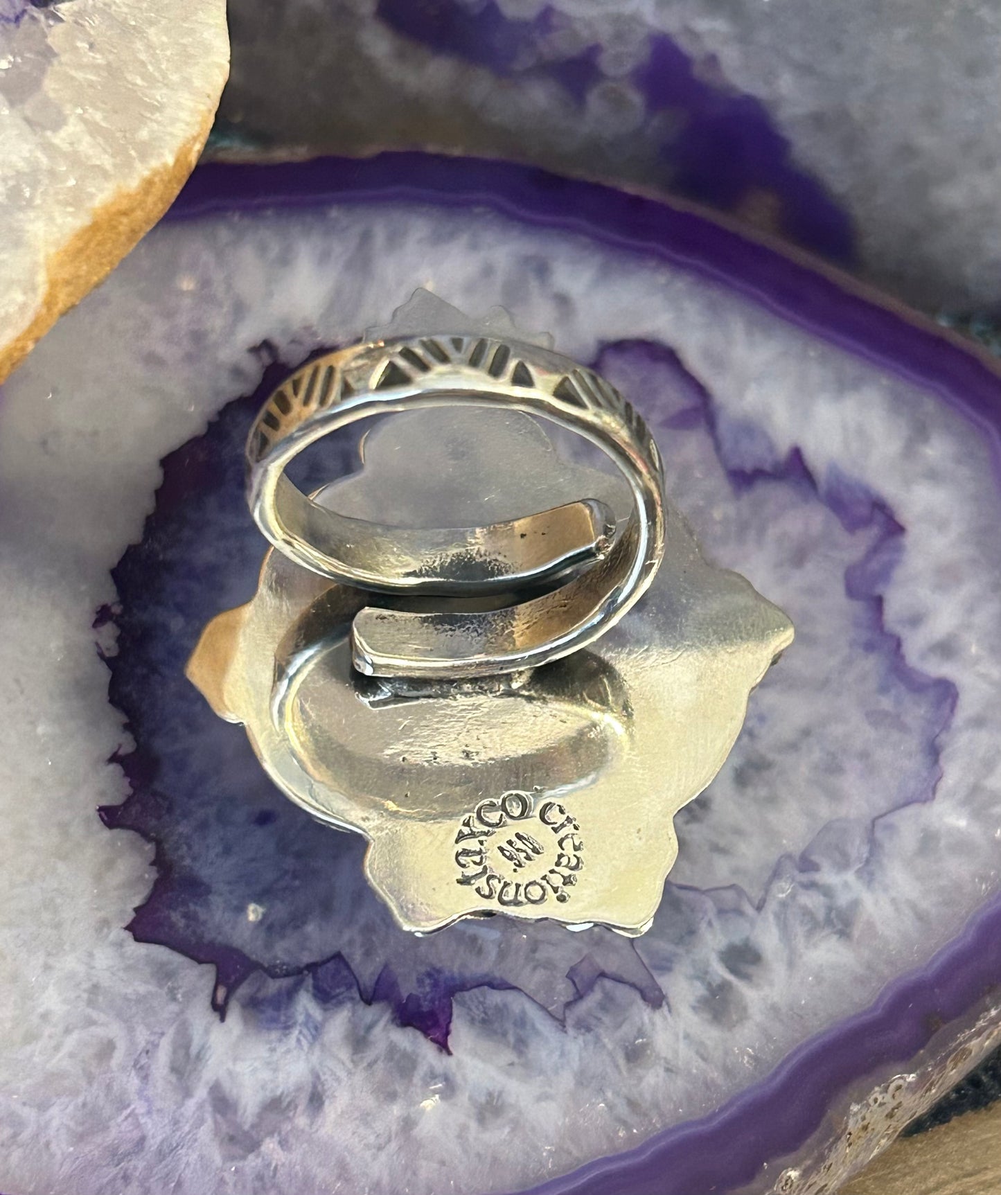 Taxco Mexico 950 Silver Red Zircon Sacred Heart & Flowers Ring Adjustable