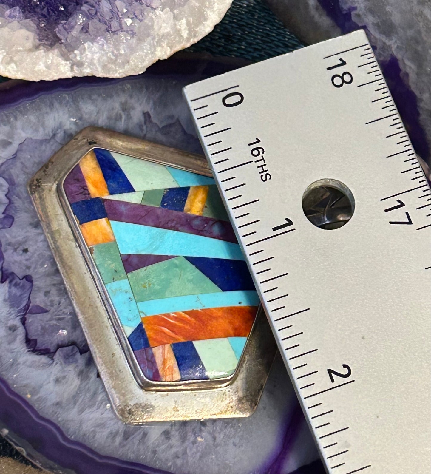 Vtg DTR 925 Sterling Silver Turquoise, Spiny, Coral Inlay Huge Statement Pendant