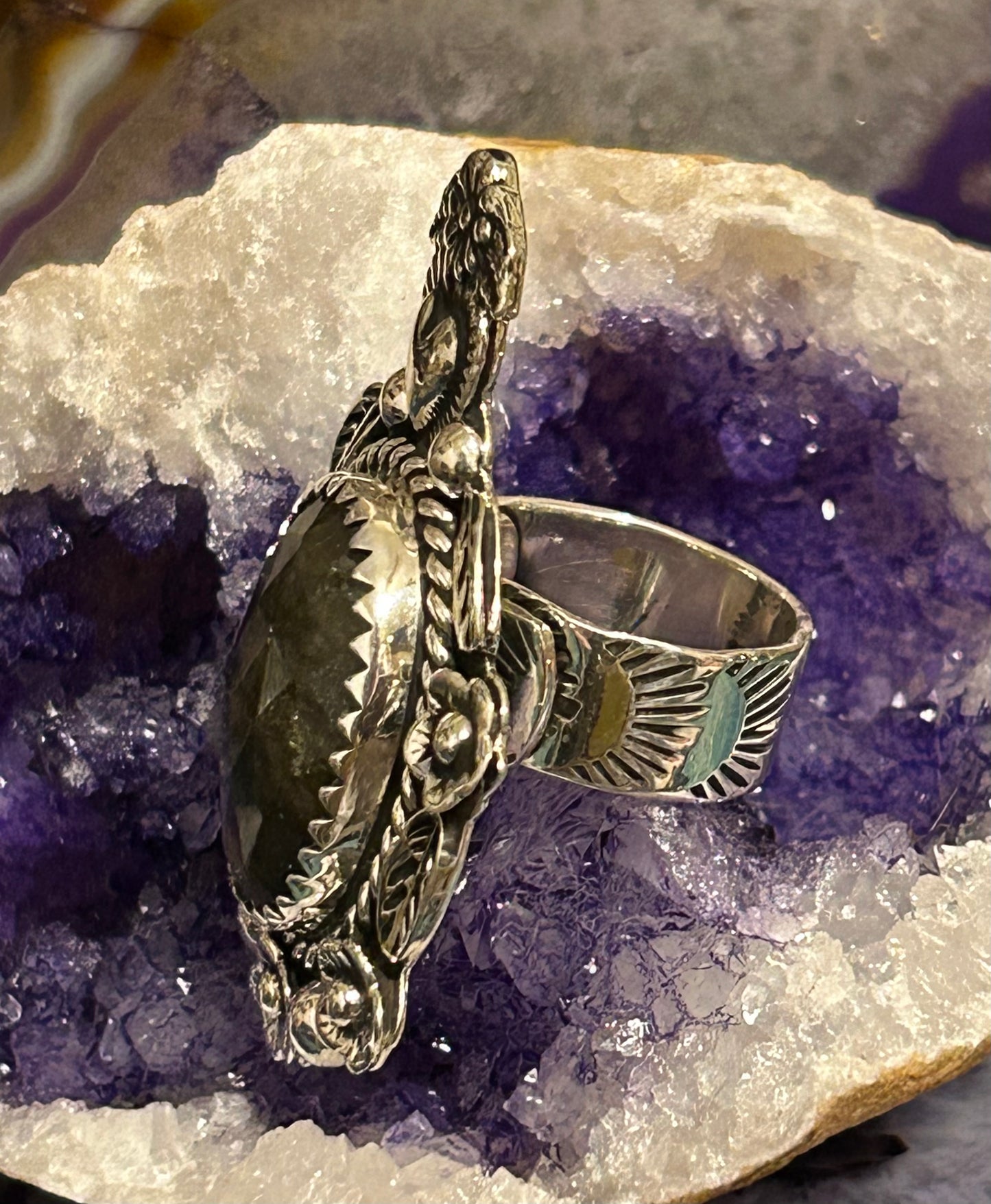 Sterling Silver Taxco Mexico Large Labradorite Flowers & Heart Statement Ring Adjustable