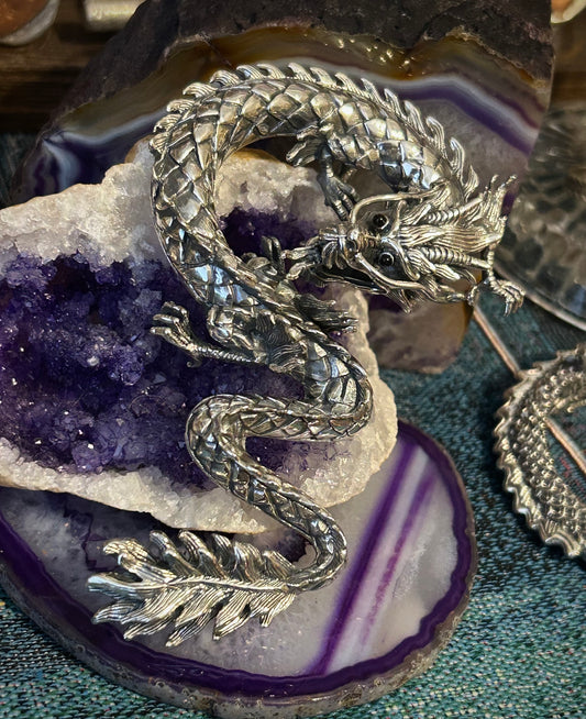 Sterling Silver Designer SOMS Huge Statement Dragon Pendant w/ Onyx Eyes