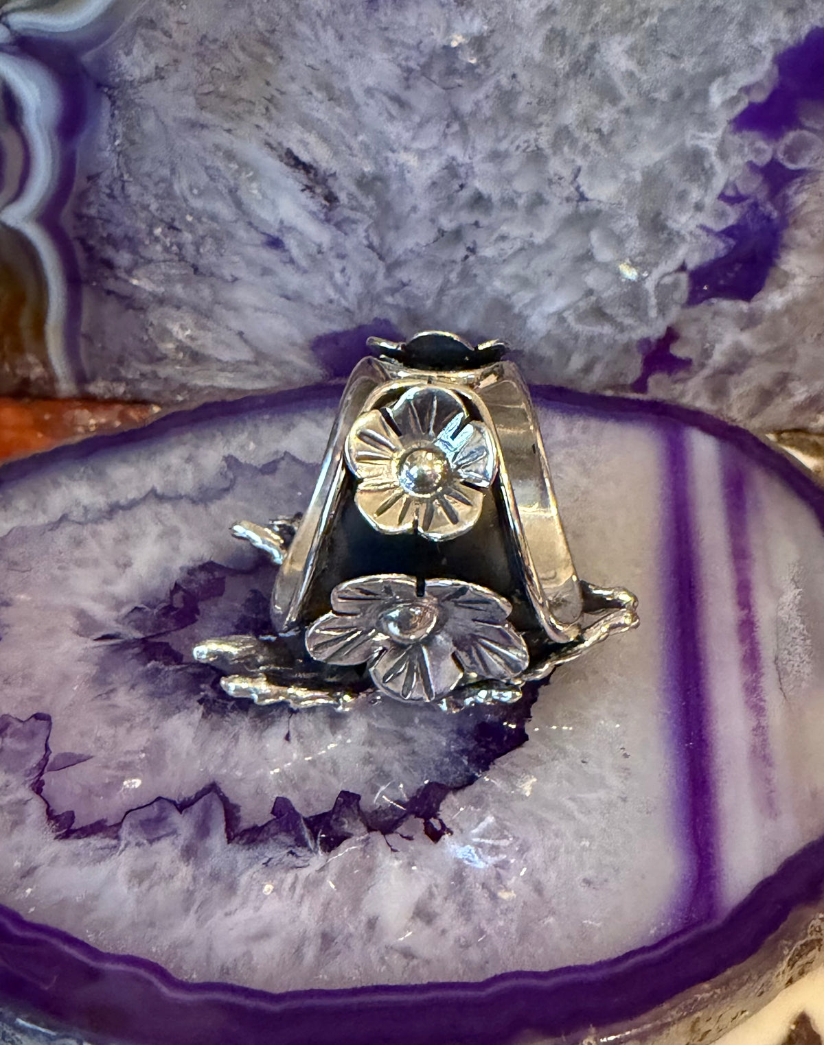 Taxco Mexico Sterling Silver Tarantula Spider & Flowers Ring • Size 7-9
