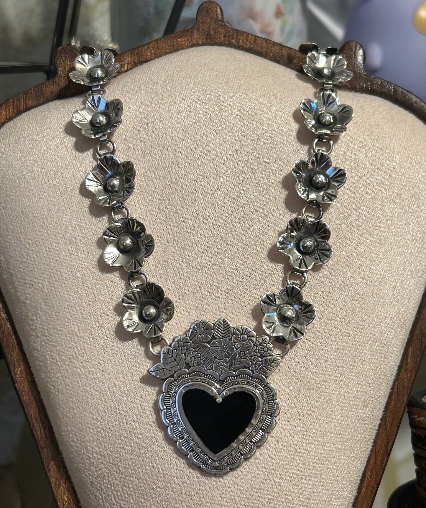 Sterling Silver 925 Made In Taxco Flower & Heart Link Necklace