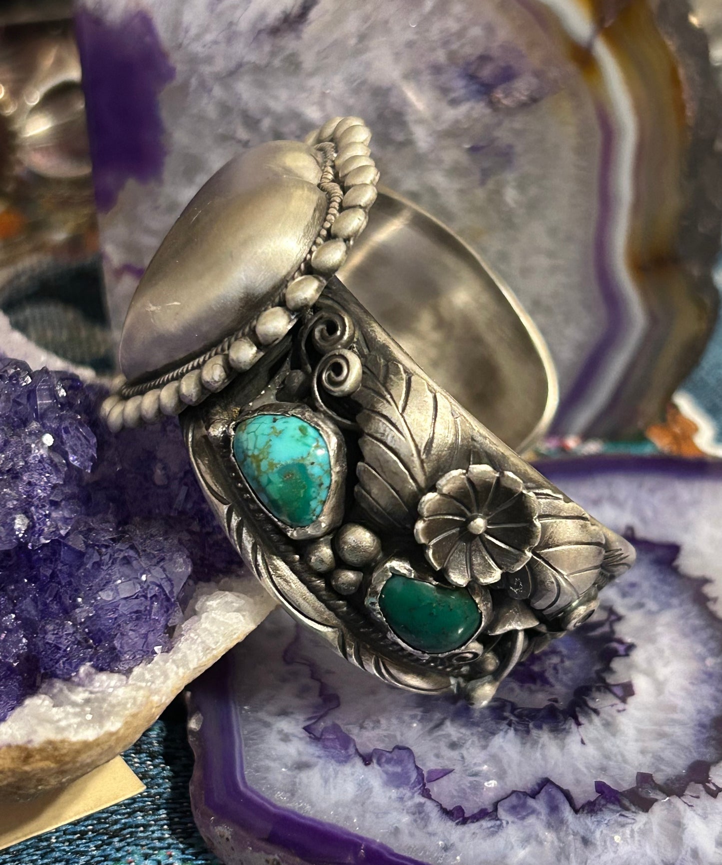 GuzFurbished Sterling Silver Heart & Turquoise Cuff Bracelet