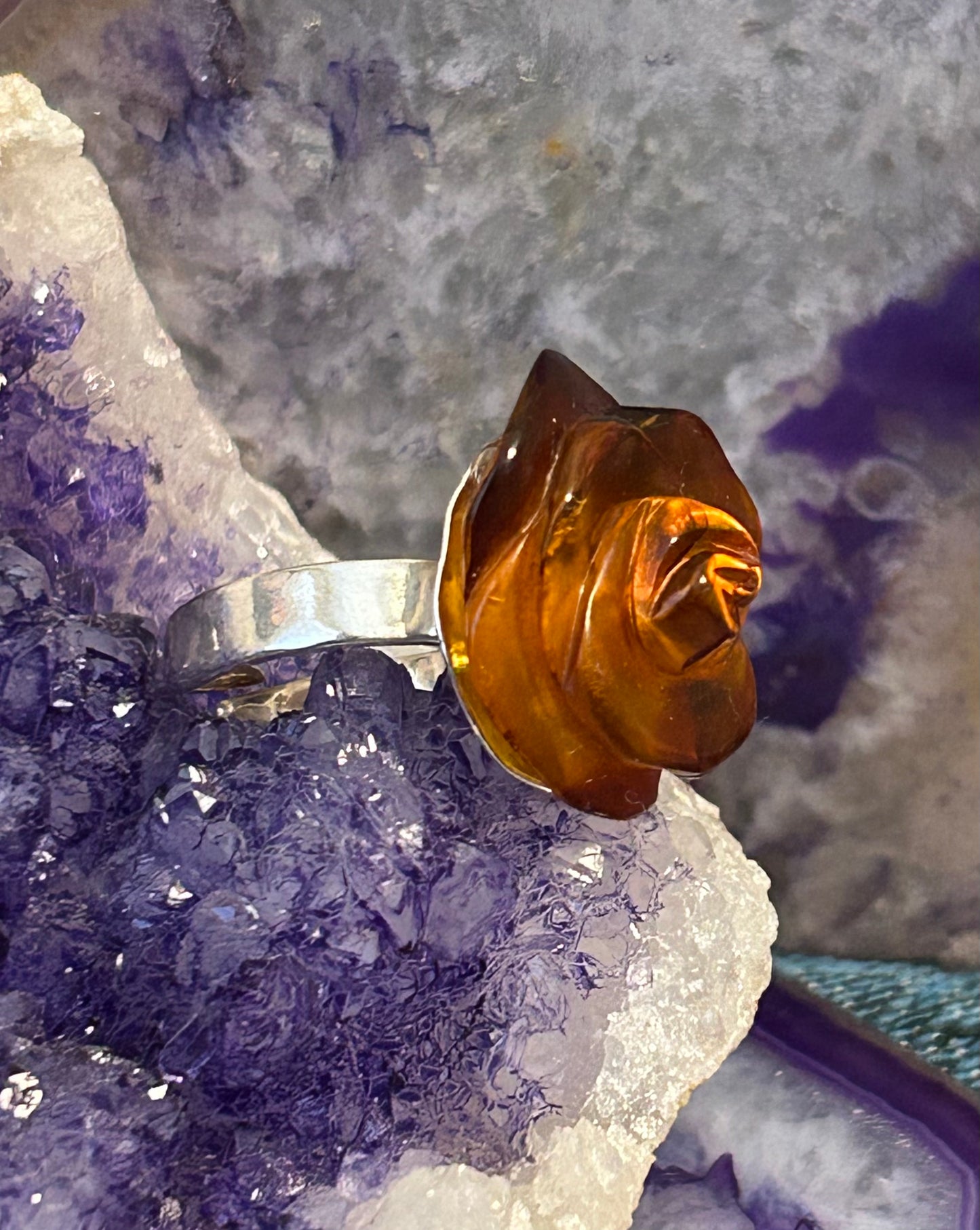 Sterling Silver Baltic Cognac Amber Carved Rose Adjustable Ring