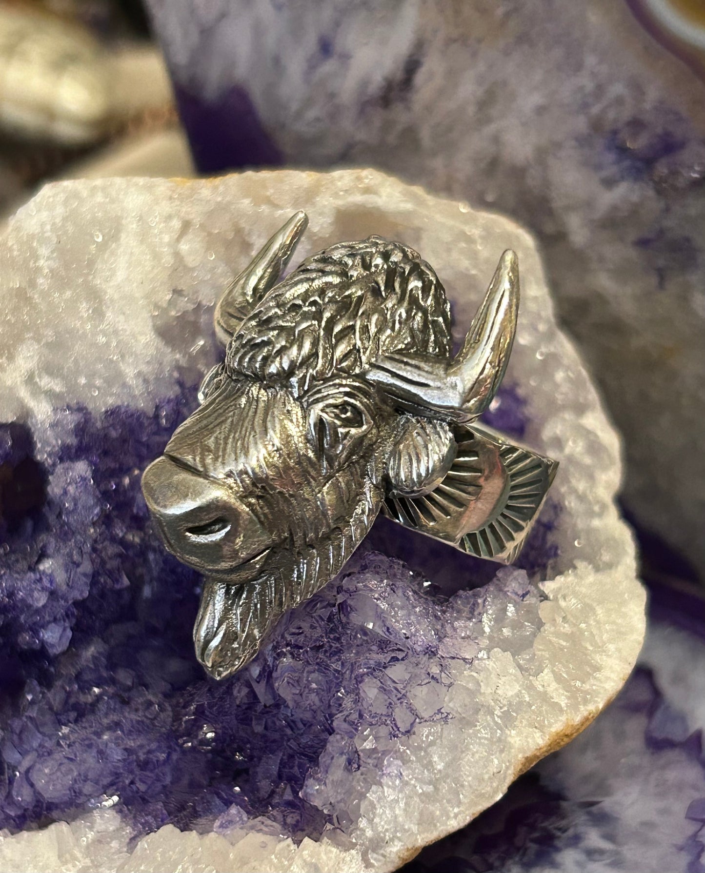 Sterling Silver Taxco Mexico Bison Head Adjustable Statement Ring