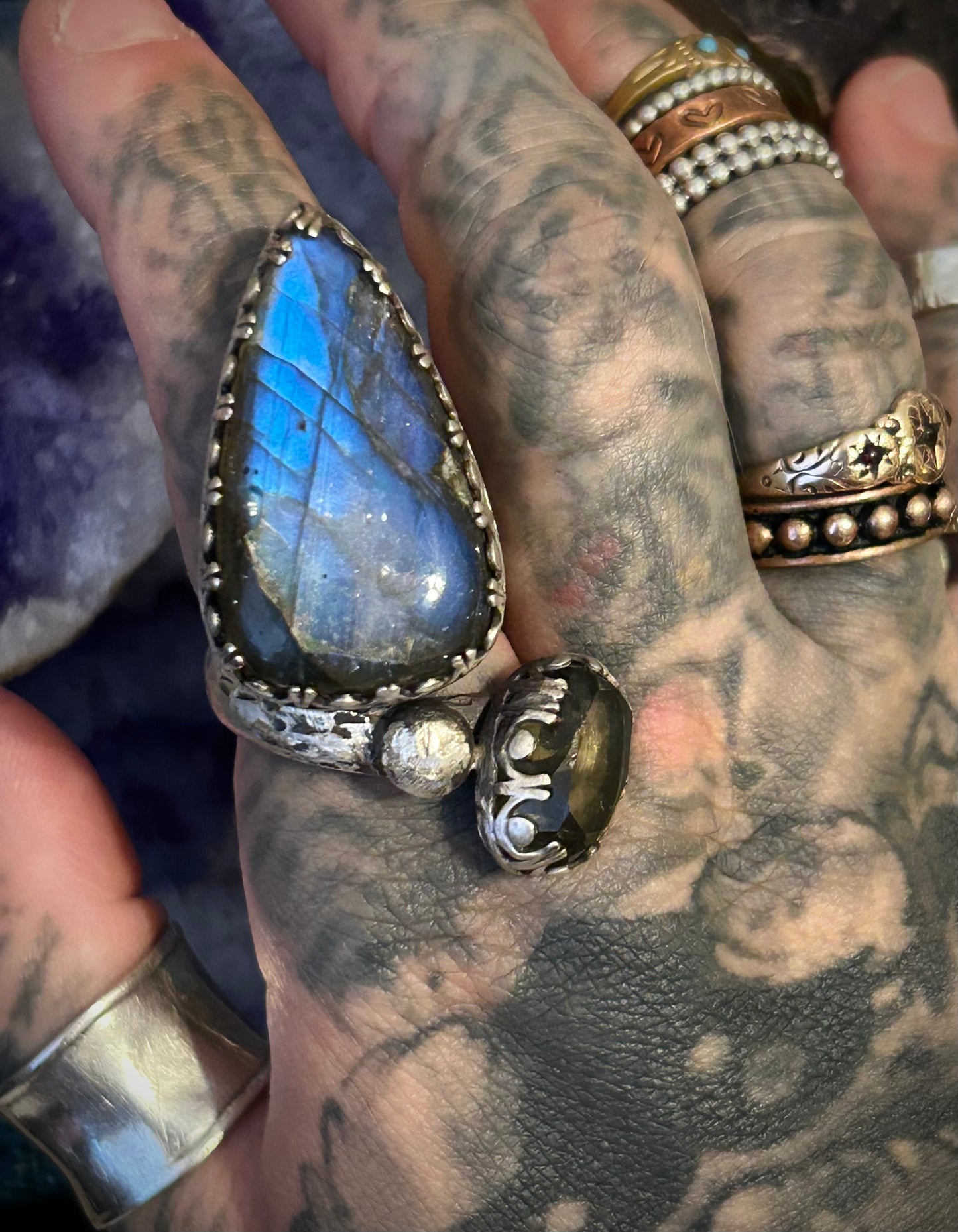 GUZ LOVE NO.99 • Sterling Silver, Labradorite, & Smokey Quartz Ring