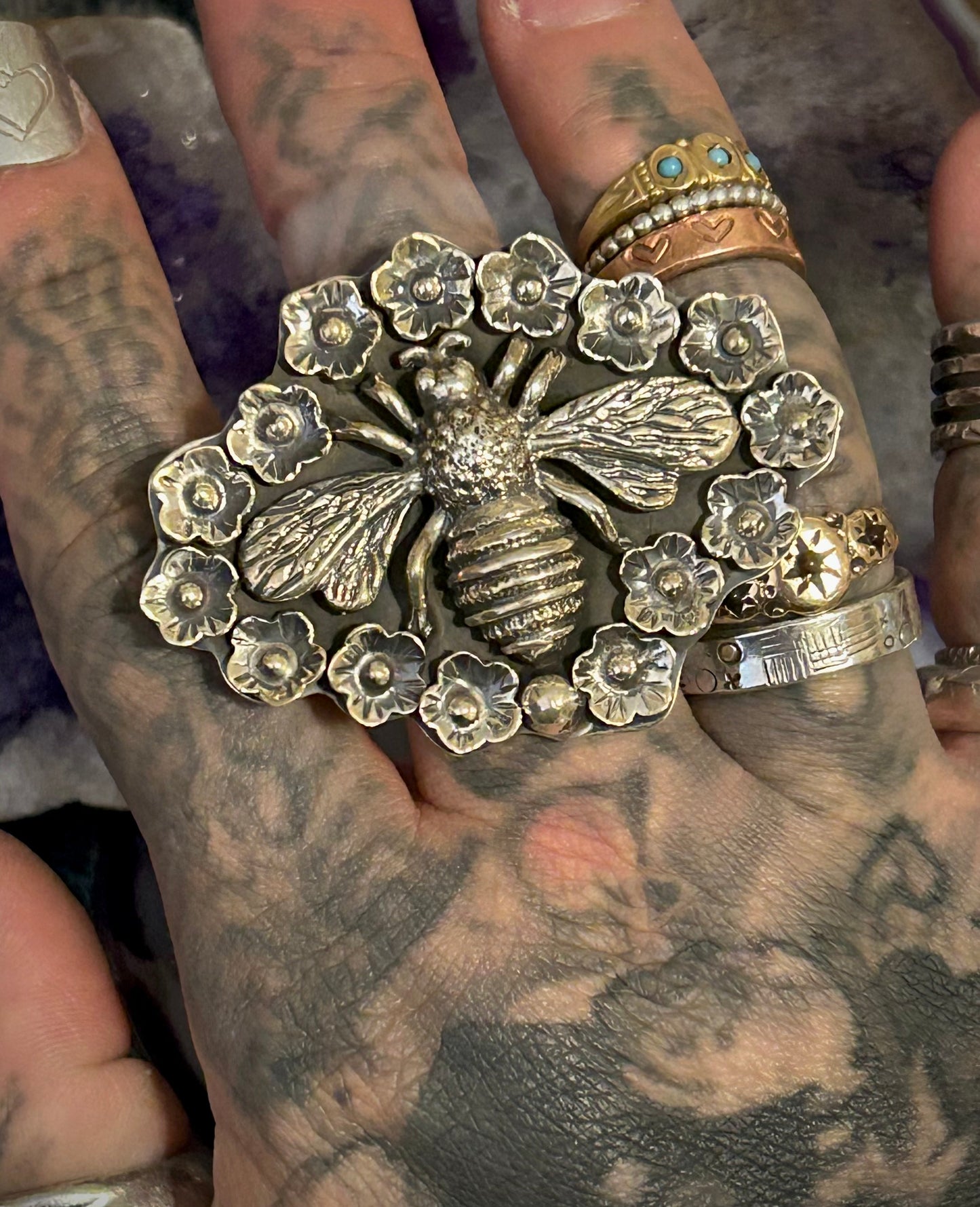 Sterling Silver Modern Taxco Mexico Flowers & Bee Insect Statement Ring • Adj Size 6-8.5
