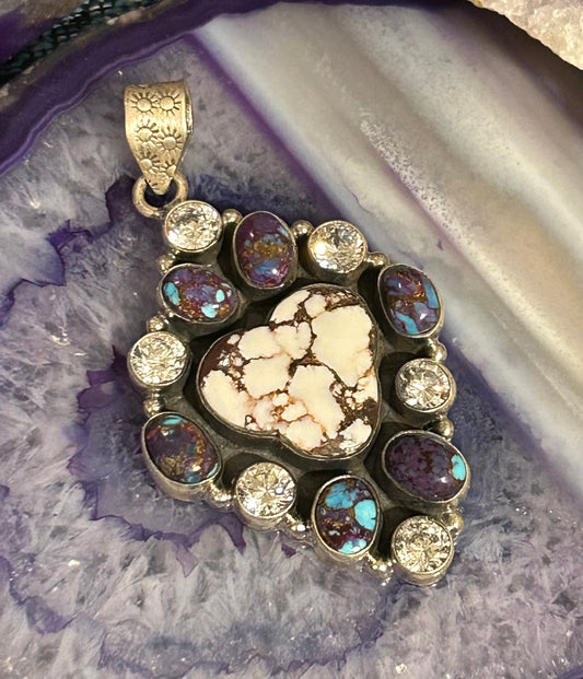 Sterling Silver Multi-Stone Pendant With Wild Horse And Violet Dahlia Turquoise Stones