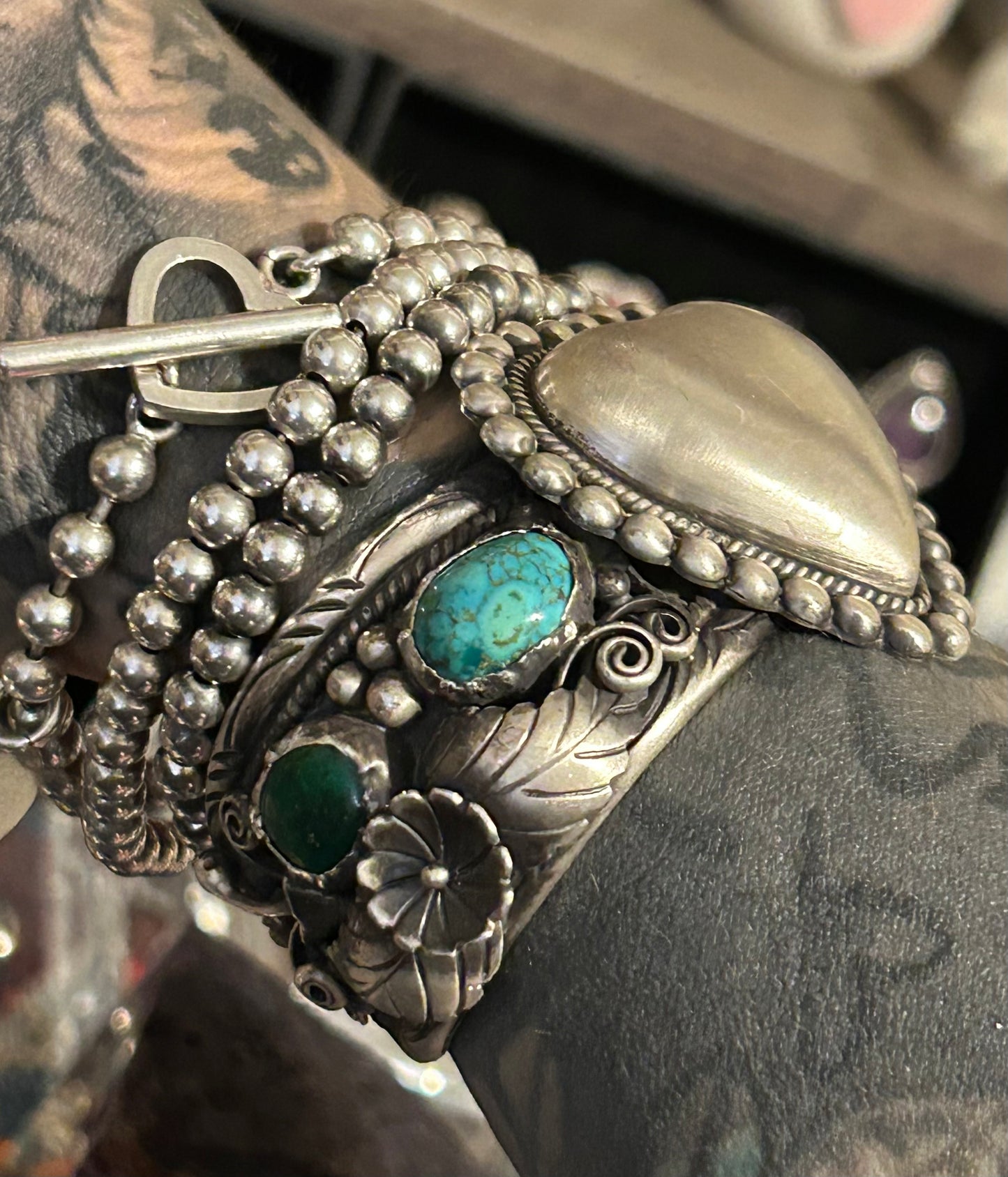 GuzFurbished Sterling Silver Heart & Turquoise Cuff Bracelet