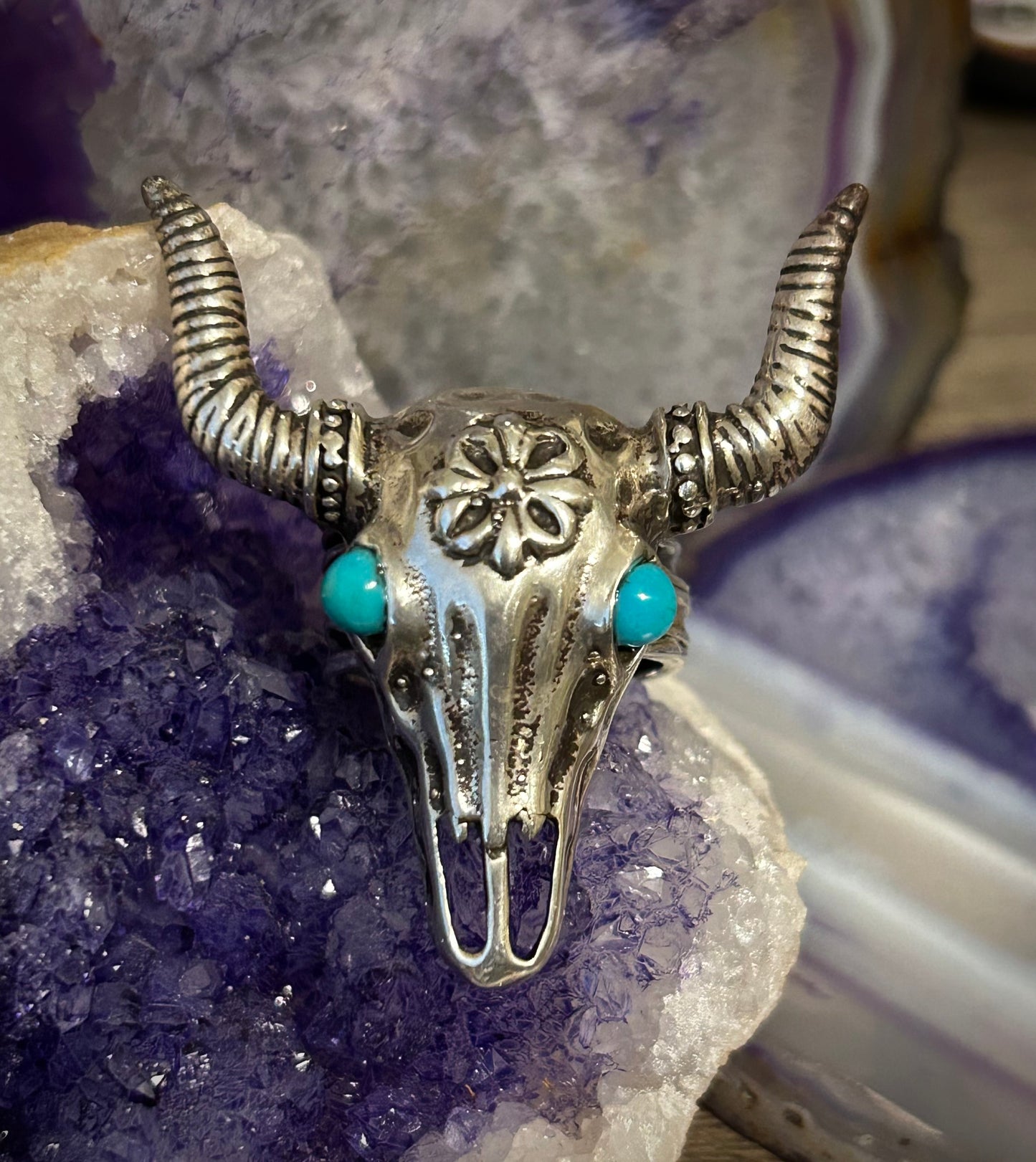 Sterling Silver Taxco Bull Skull Ring With Turquoise Size 9