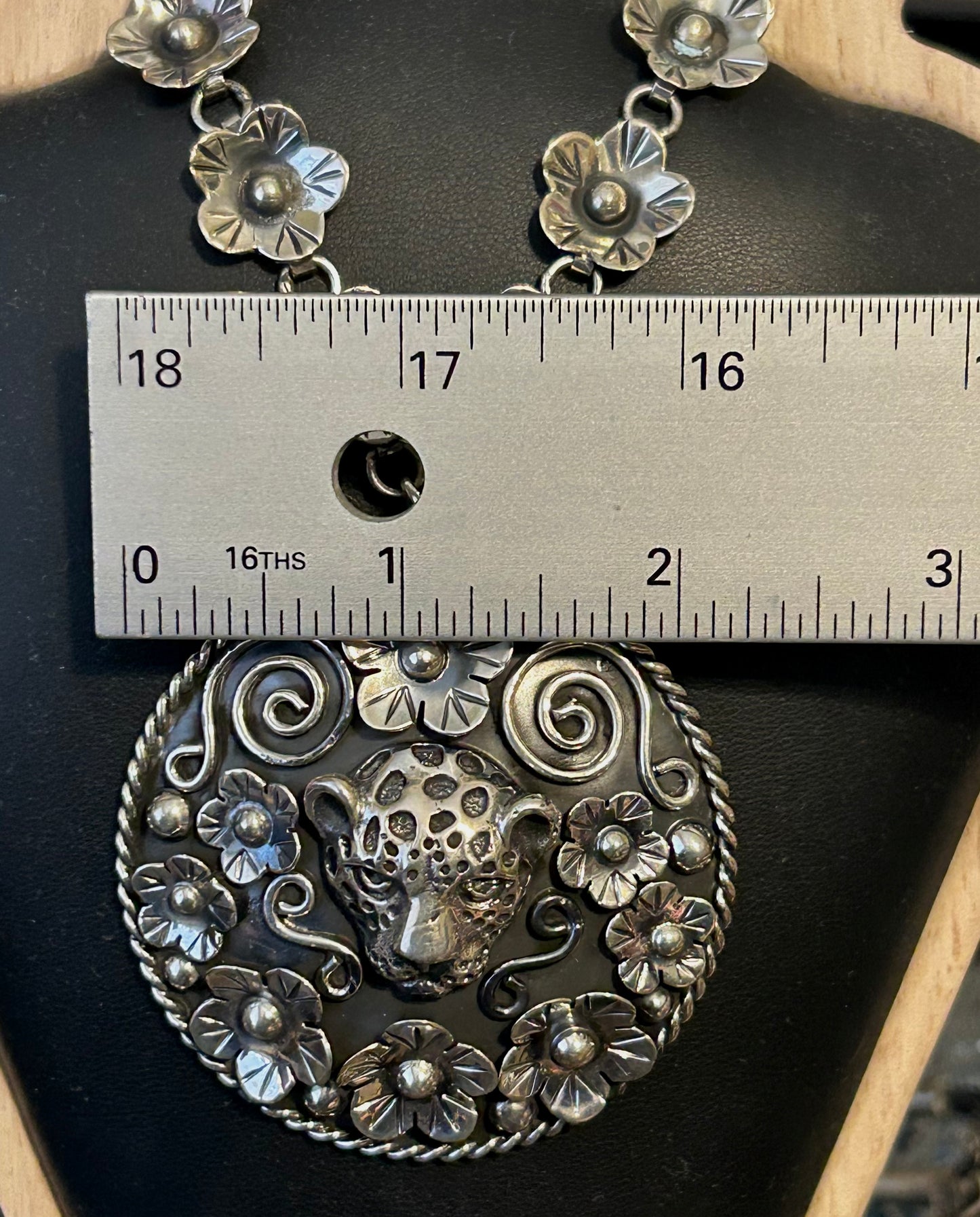 Sterling Silver Taxco Mexico Jaguar & Flowers Statement Pendant Necklace