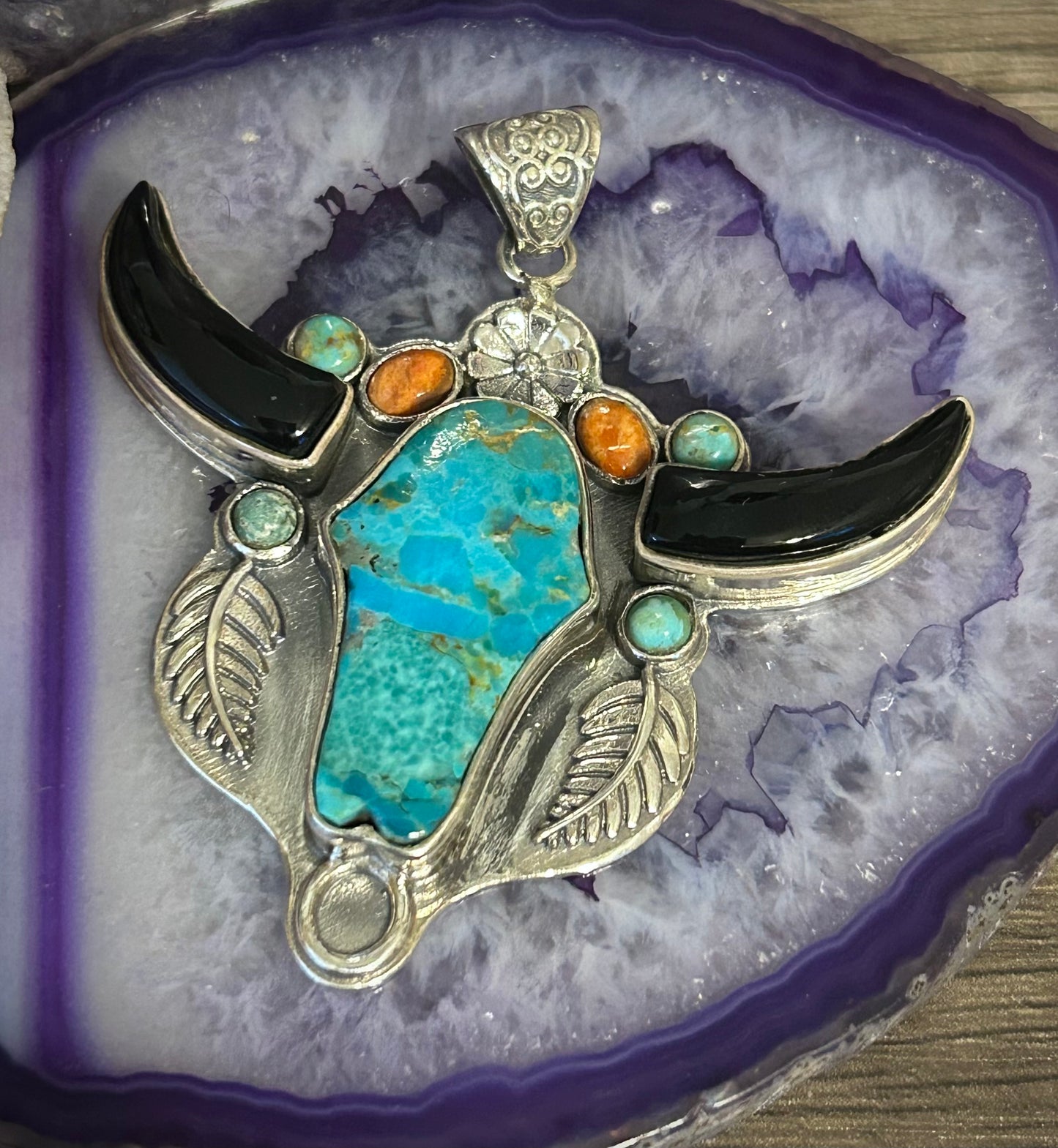 Sterling Silver Turquoise Multistone Longhorn Bull Pendant