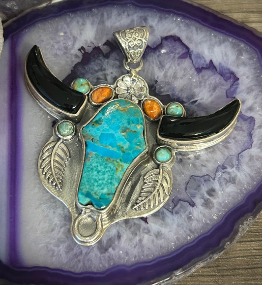 Sterling Silver Turquoise Multistone Longhorn Bull Pendant